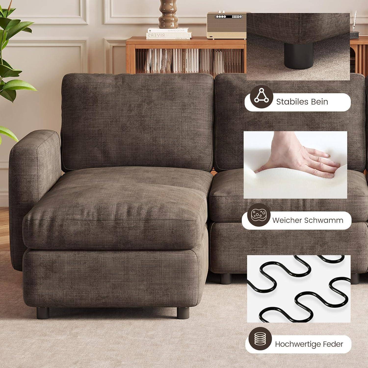 Braunes Stoff-Ecksofa mit Ottomane, gezeigt mit Beschriftungen, die stabile Beine, weiches Schaumstoff und hochwertige Federn hervorheben.