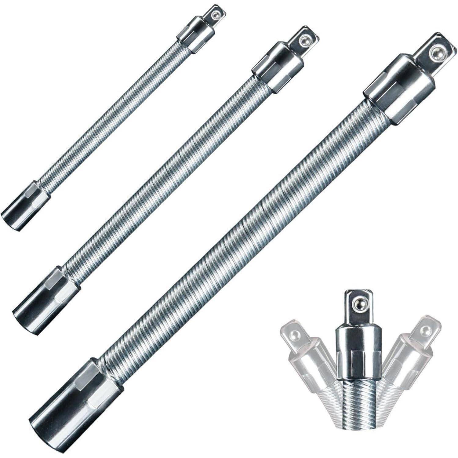 Drei silberne flexible Metallschutzschläuche mit Gewinde-Armaturen, gezeigt in drei Größen und ein kleines Einschub-Bild, das eine fächerartige Spreizung der Enden demonstriert.