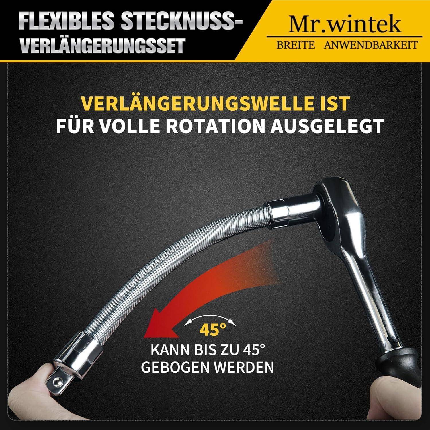 Produktanzeige für ein flexibles Stahlverlängerungset mit biegbarem Schaft, Griff und 45°-Rotationsflexibilität.