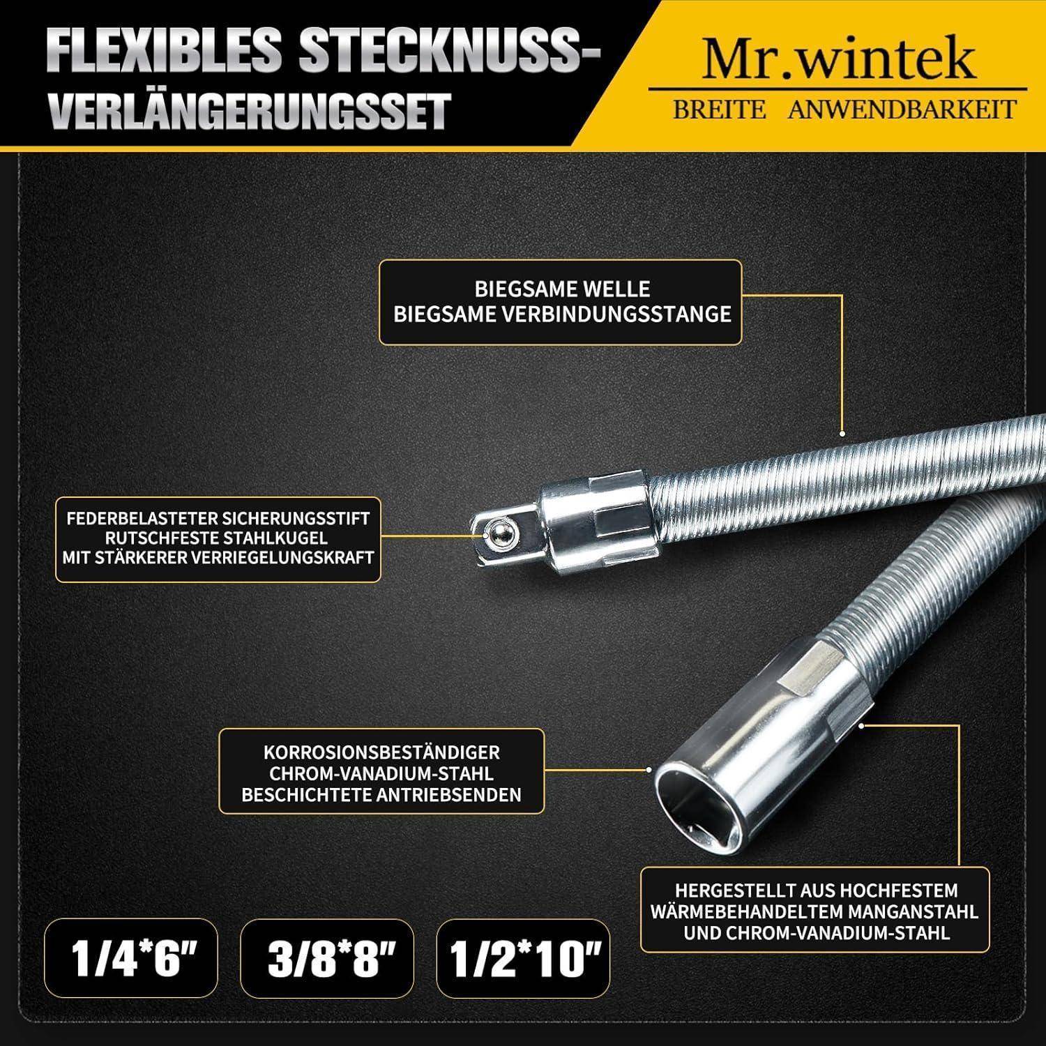 Mr.wintek Flexibler Stecknuss-Verlängerungsstangen-Satz 3-teilig, 1/2", 3/8", 1/4" Antrieb, 10"(254mm), 8"(203.2mm), 6"(152.4mm) Länge – Federbela