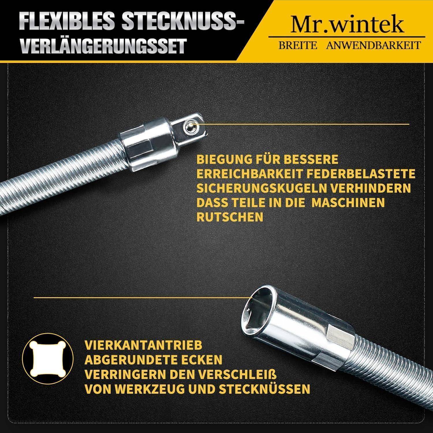 Mr.wintek Flexibler Stecknuss-Verlängerungsstangen-Satz 3-teilig, 1/2", 3/8", 1/4" Antrieb, 10"(254mm), 8"(203.2mm), 6"(152.4mm) Länge – Federbela