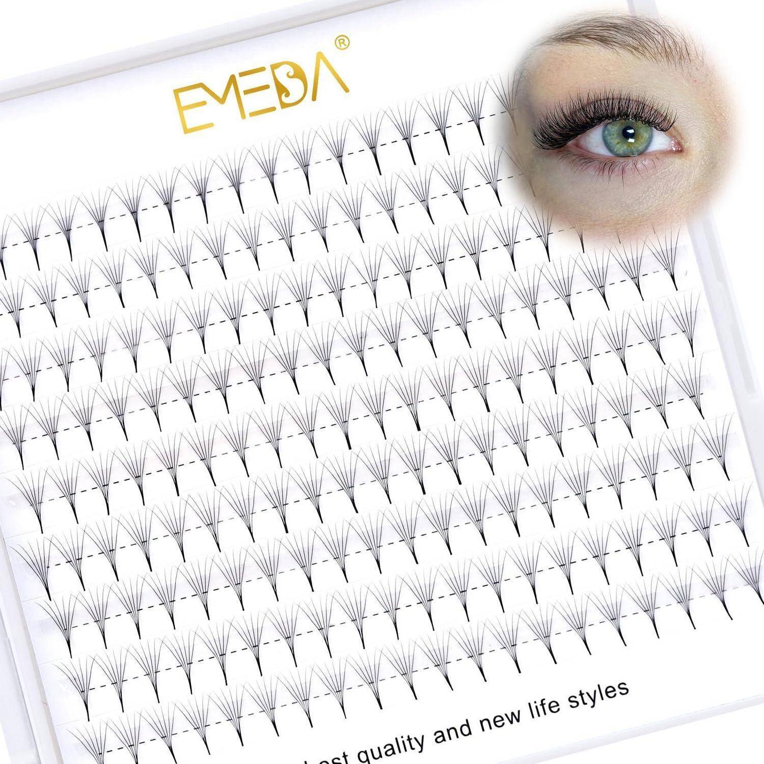 Werbebild von EMEDA-Wimpernverlängerungsfächern auf einem Tablett, mit einem Auge, das dramatische Wimpern zeigt, und dem Text „Qualität und neue Lebensstile