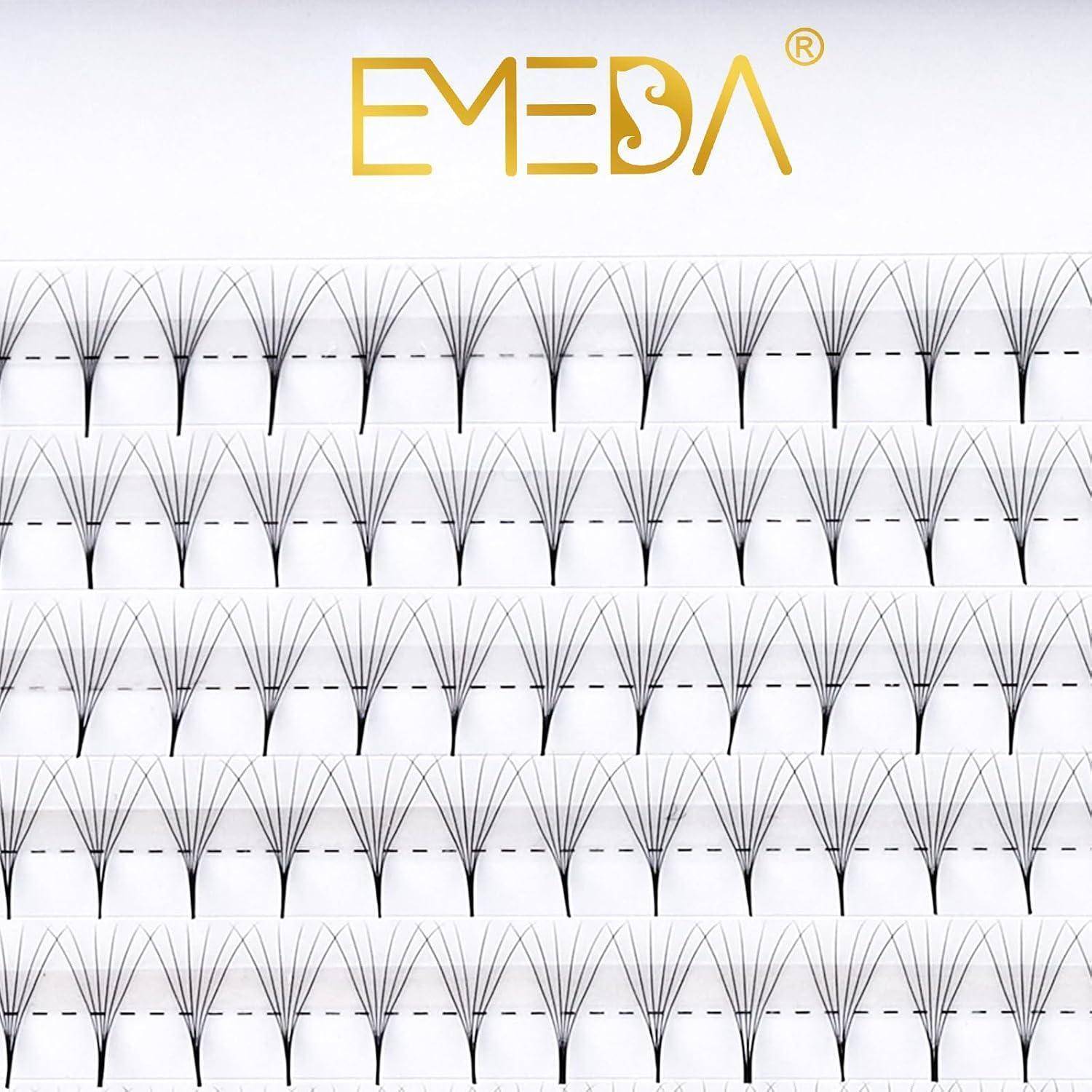 EMESA-Logo über Reihen von falschen Wimpernbüscheln, die in einem Gitter angeordnet sind und eine Produktpräsentation für Wimpernverlängerungen zeigen.