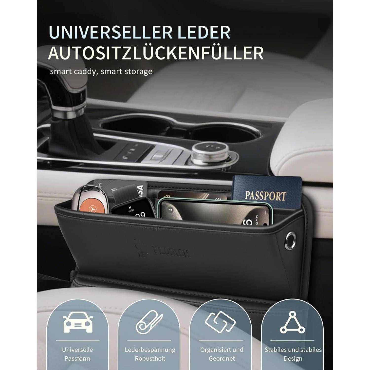 FLORICH Autositz Gap Organizer, Universal Autositz Lückenfüller Organizer, Premium PU Leder Autositzlückenfüller mit Kabelloch für Handys, Karten
