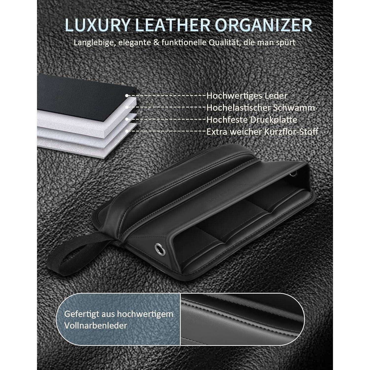 Schwarze Ledertasche mit Organisationsfächern gekennzeichnet mit „LUXURY LEATHER ORGANIZER