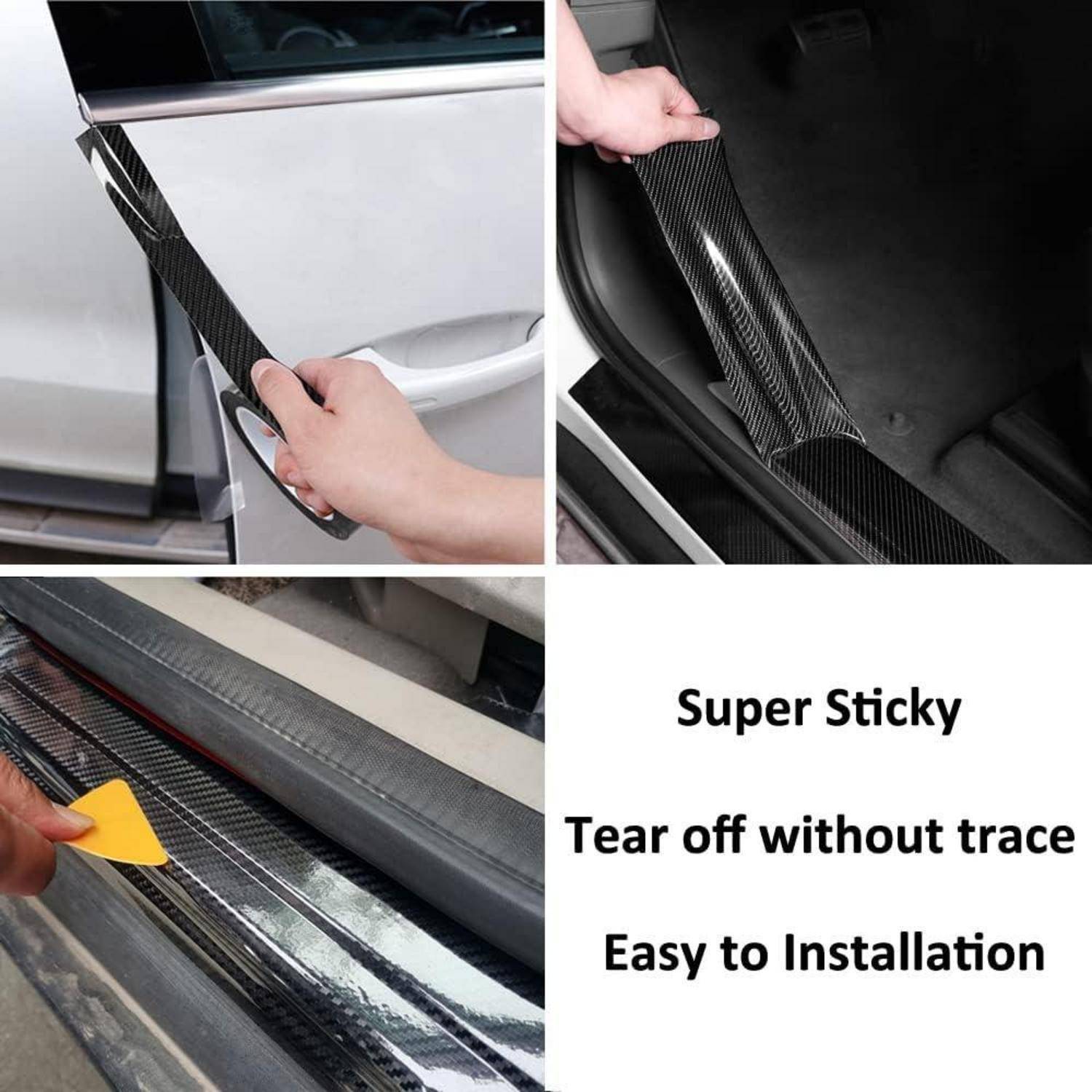 Die Collage zeigt eine Person, die einen Klebstoff-Streifen im Kohlefaser-Stil auf der Türschwelle eines Autos anbringt, mit Text, der „Super klebrig