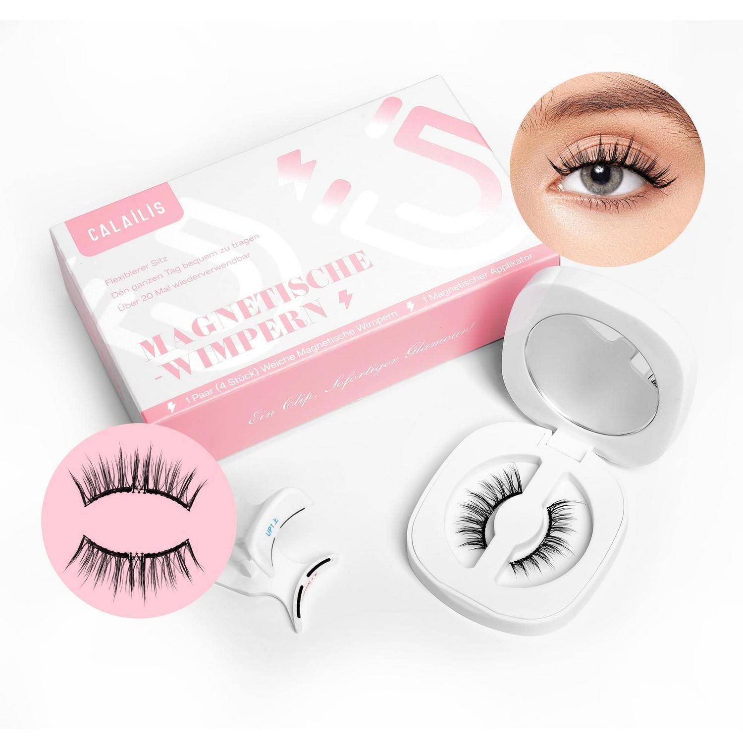 Rosa und weiße CalaLIS Magnet-Wimpernset mit künstlichen Wimpern in einem kompakten Etui, gezeigt mit Nahaufnahmen eines Auges und Wimpernstil-Symbolen.