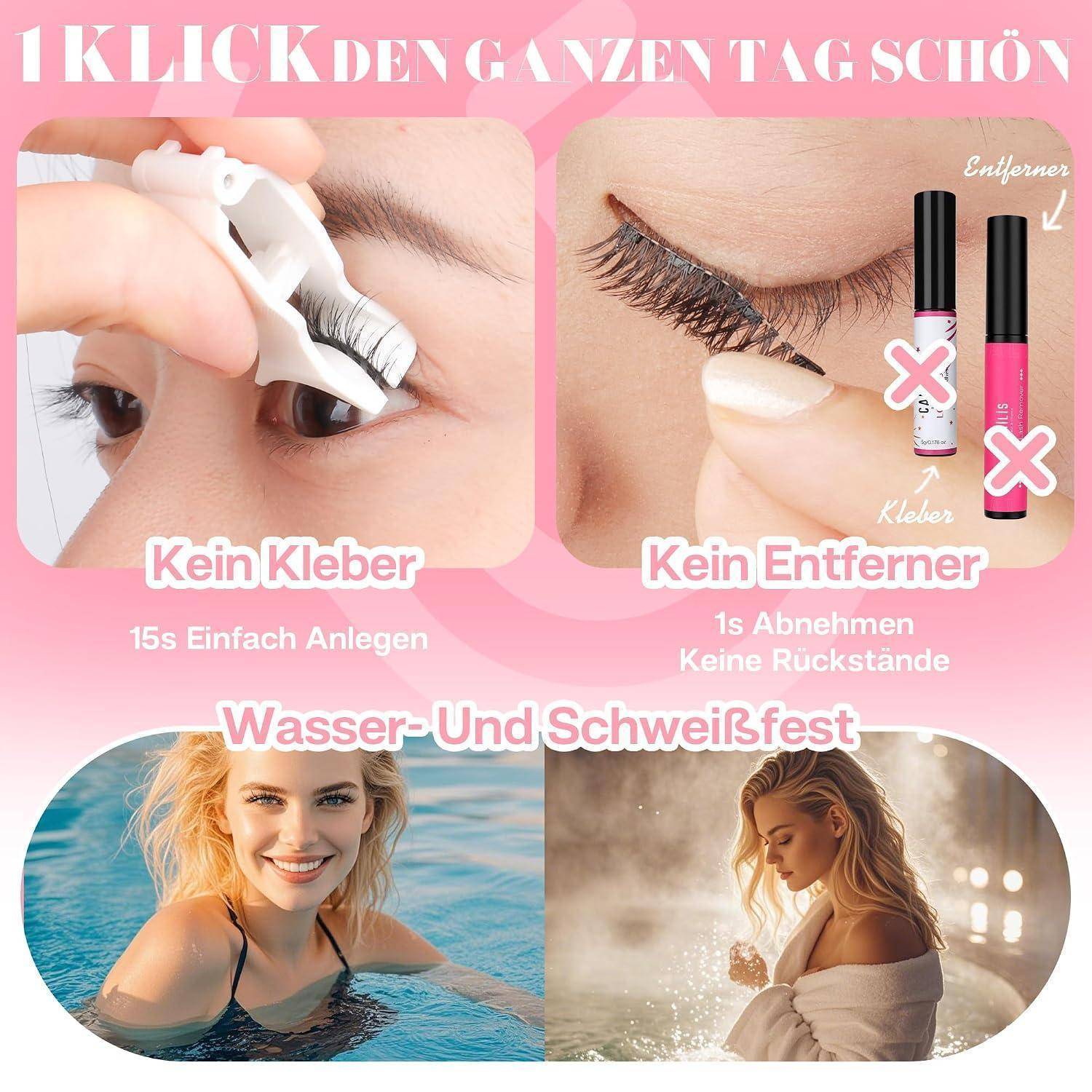 Rosa Werbe-Grafik für künstliche Wimpern, zeigt einfache Anwendung, kein Kleber oder Entferner erforderlich, und wasser- und schweißfester Verschleiß.