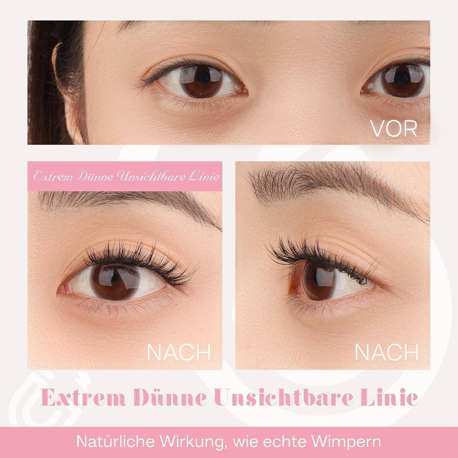 Werbebildvergleich von Augenmake-up vorher und nachher, das eine natürlich aussehende Wimpernverstärkung mit dem Text 