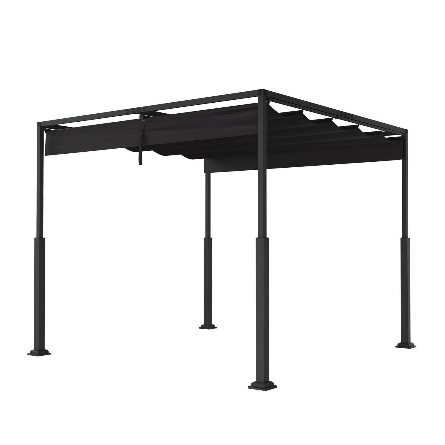 Schwarze Metallpergola mit vier Pfosten und ausfahrbarem Markisendach, dargestellt auf weißem Hintergrund.