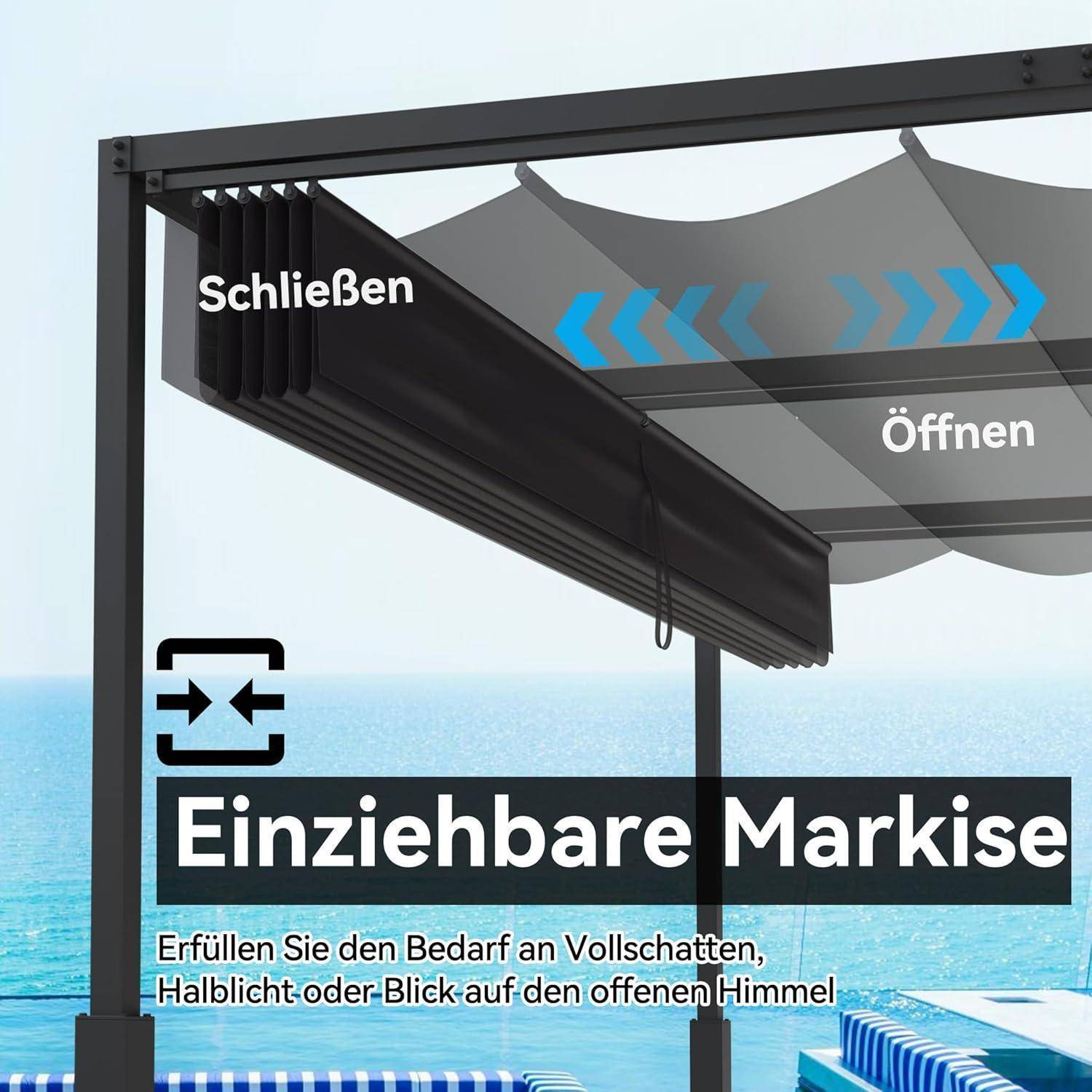 Diagramm einer ausfahrbaren Markise mit deutschen Beschriftungen 