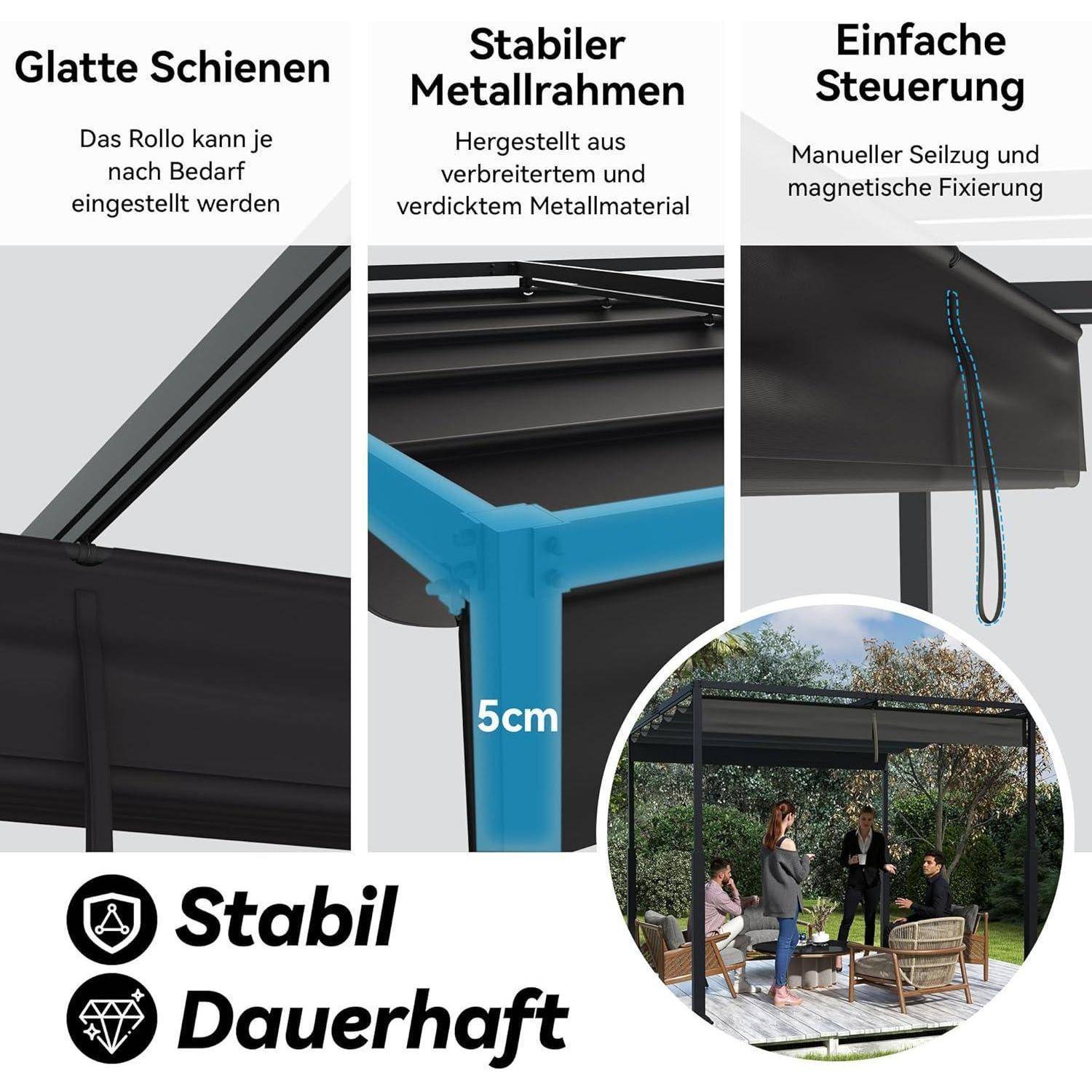 Deutsches Produktgrafik einer Pergola mit "glatten Schienen"", ""stabilem Metallrahmen"" und ""einfache Bedienung""; hebt 5-cm-Rahmen, manuelles Zugkabel, magnetische Befestigung und ""stabil, langlebig"" hervor.