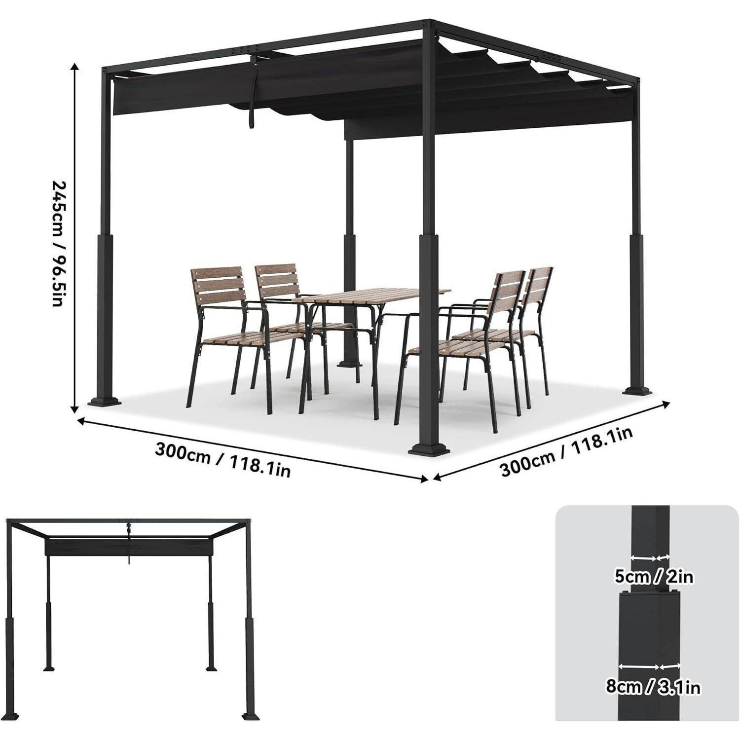 Schwarze Außenpergola mit Baldachin über einem Patiotisch und Stühlen, dargestellt mit Abmessungen von 300 cm x 300 cm und 245 cm Höhe; Detailansicht zeigt Pfostengröße.