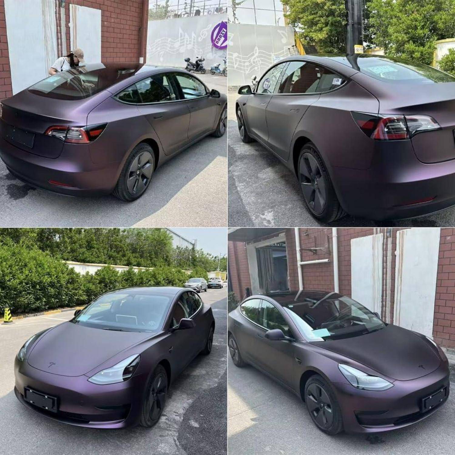 Collage eines matten violetten Tesla Sedans aus mehreren Winkeln fotografiert, geparkt im Freien neben einem Gebäude.