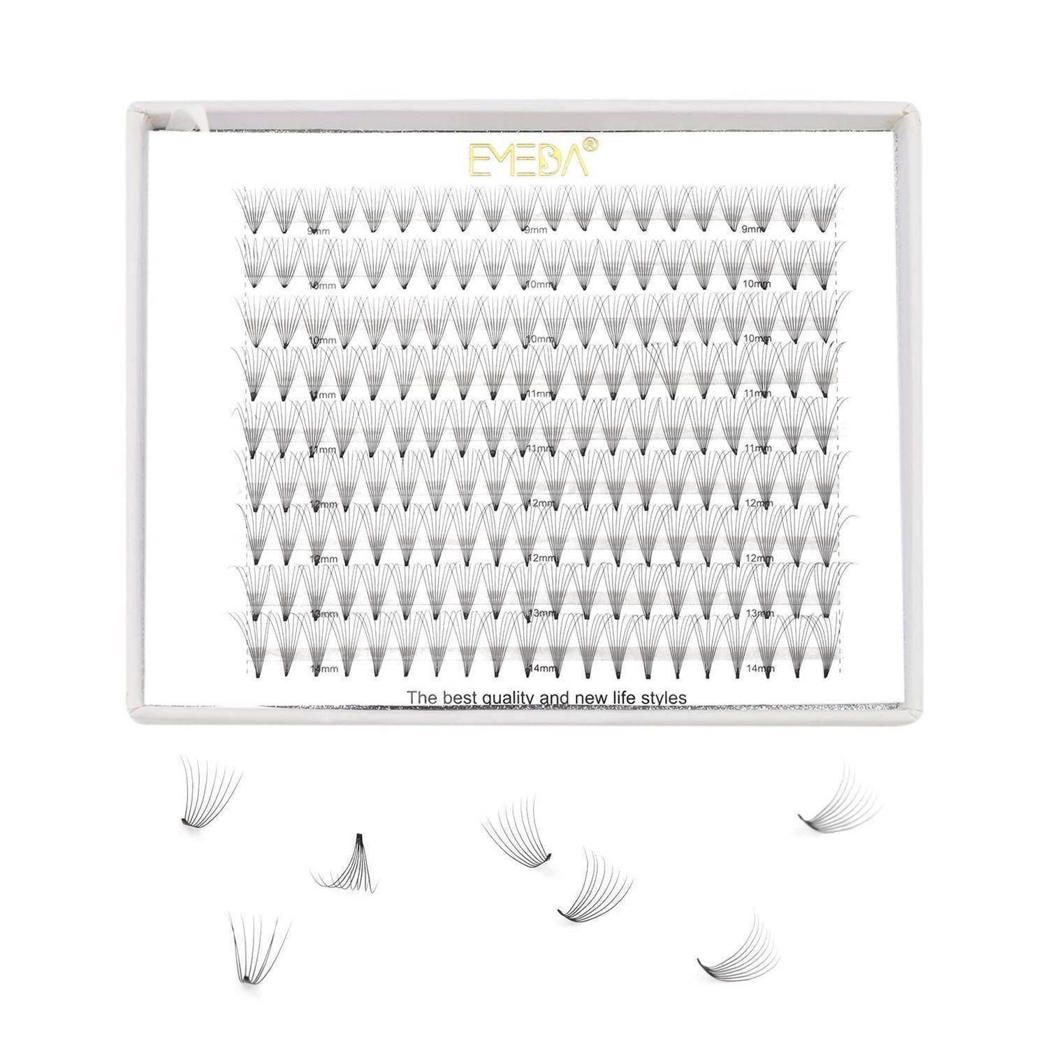 Wimpernverlängerungsstil-Diagramm mit mehreren fächerförmigen Wimperndesigns in Reihen, mit Markenname und dem Slogan 