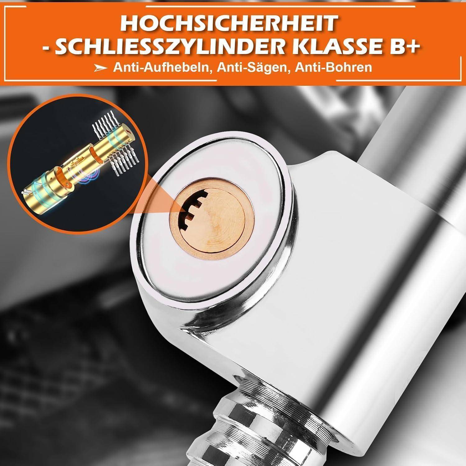 Werbebild eines hochsicheren Türschlosszylinders mit Text „HOCHSICHERHEIT - SCHLIESSZYLINDER KLASSE B+ - Anti-Aufhebeln, Anti-Sägen, Anti-Bohren