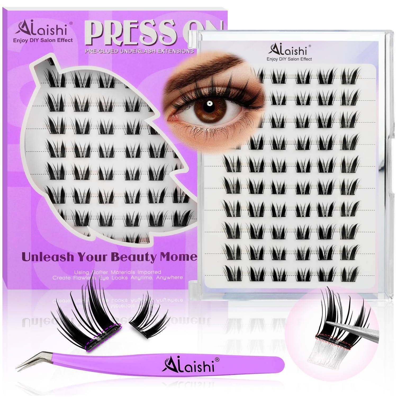 Paket mit Purple Ailashi Druck-Unter-Wimpernverlängerungen mit vielen falschen Wimpernbüscheln, einem Auge zum Auftragen von Wimpern und einer Pinzette mit Applicator-Werkzeug.