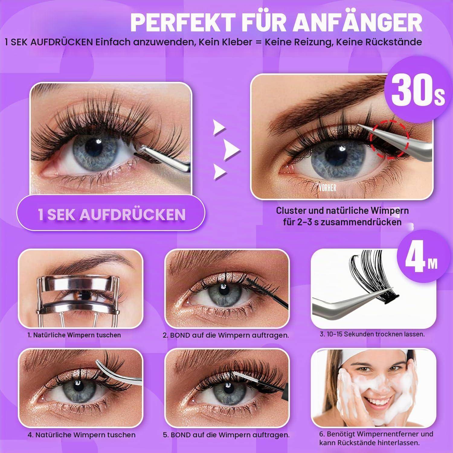Selbstklebende Wimpern, No Glue Needed, 60 Stück DIY Lash Cluster Kit 10-14mm, Fluffy D Curl mit Pinzette – Ideal für empfindliche Augen Glue Free