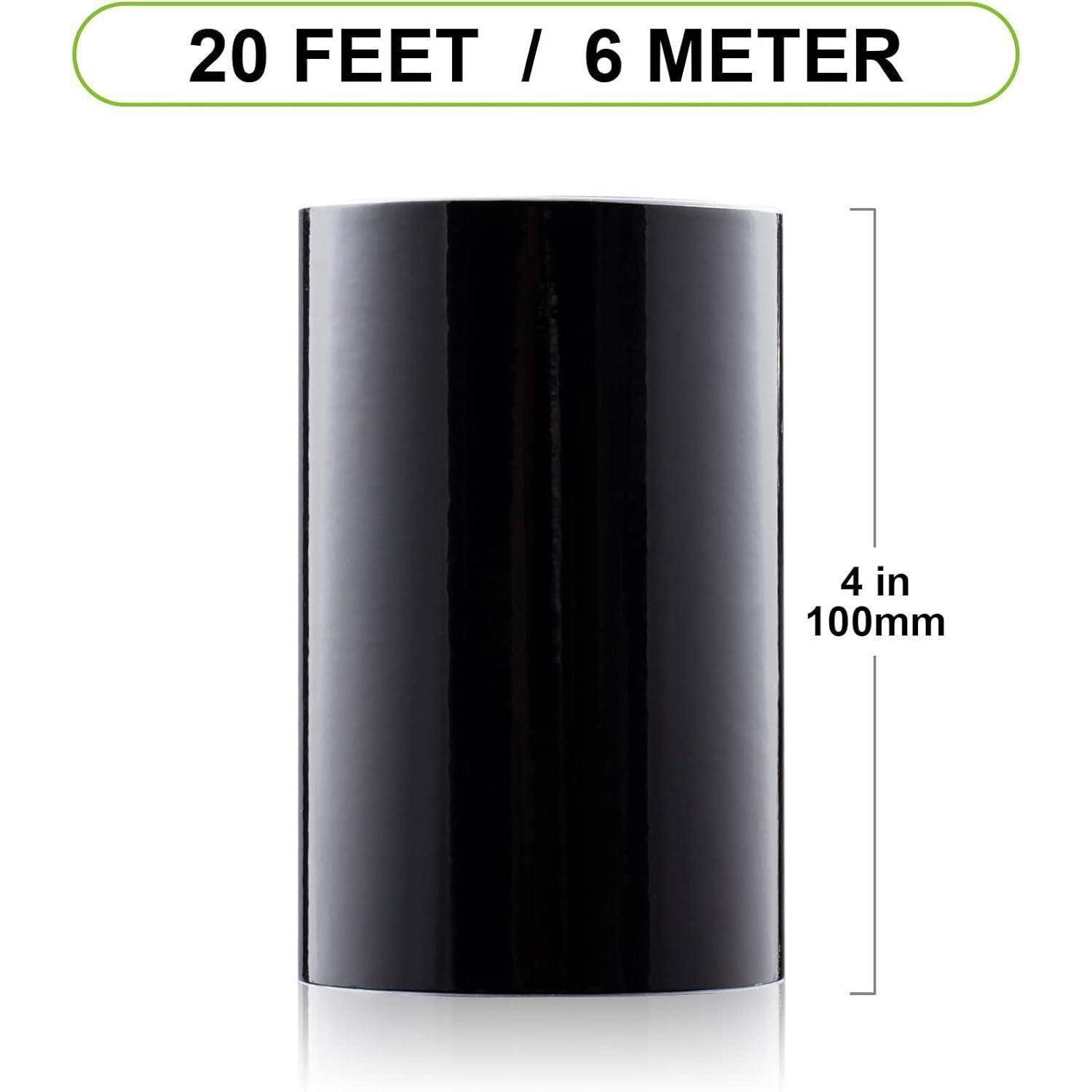 Schwarze Rolle aus Material in einer Länge von 20 Fuß / 6 Meter, 4 Zoll (100 mm) breit, aufrecht auf weißem Hintergrund dargestellt.