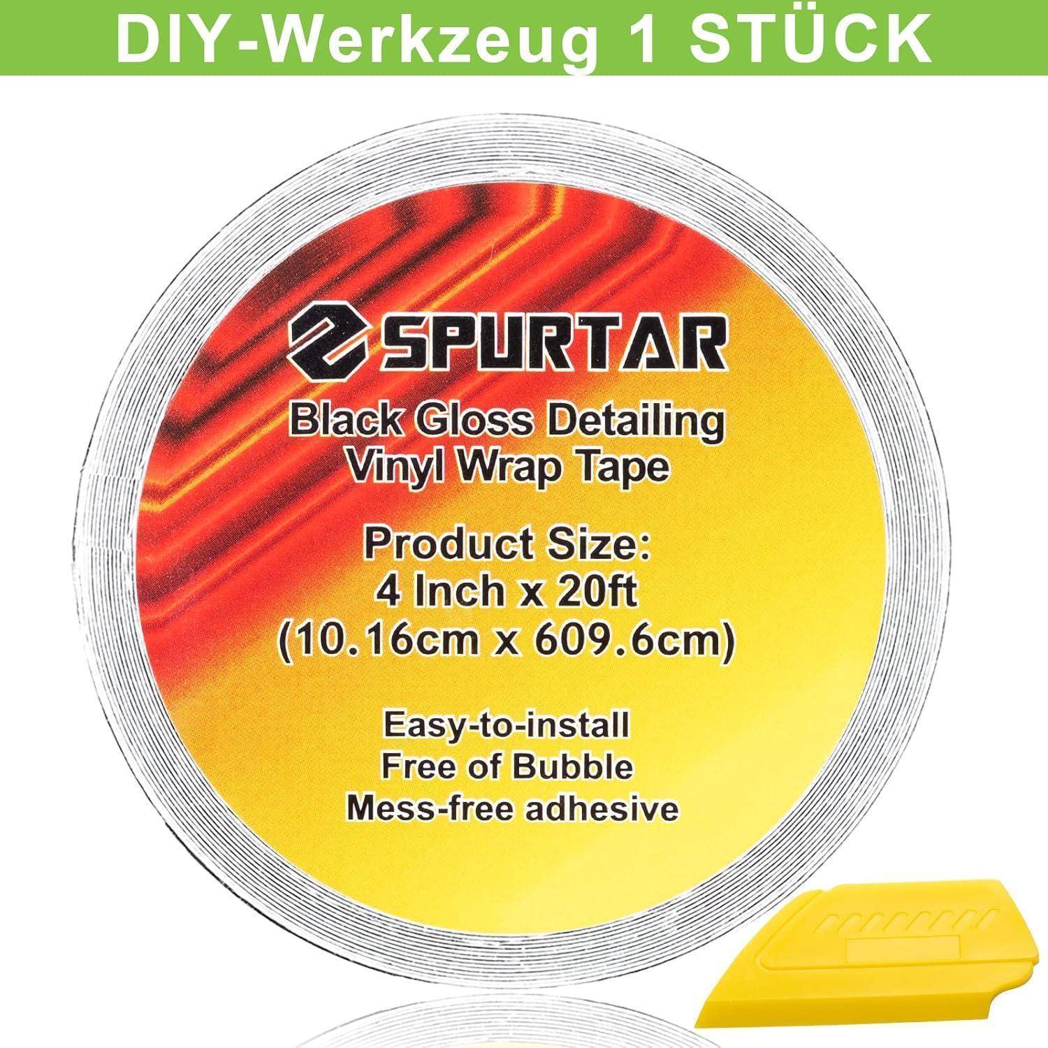 Spurtar schwarzes glänzendes Detailing-Vinyl-Wickelband, 4 Zoll x 20 Fuß, mit gelbem Schaber-Werkzeug und 
