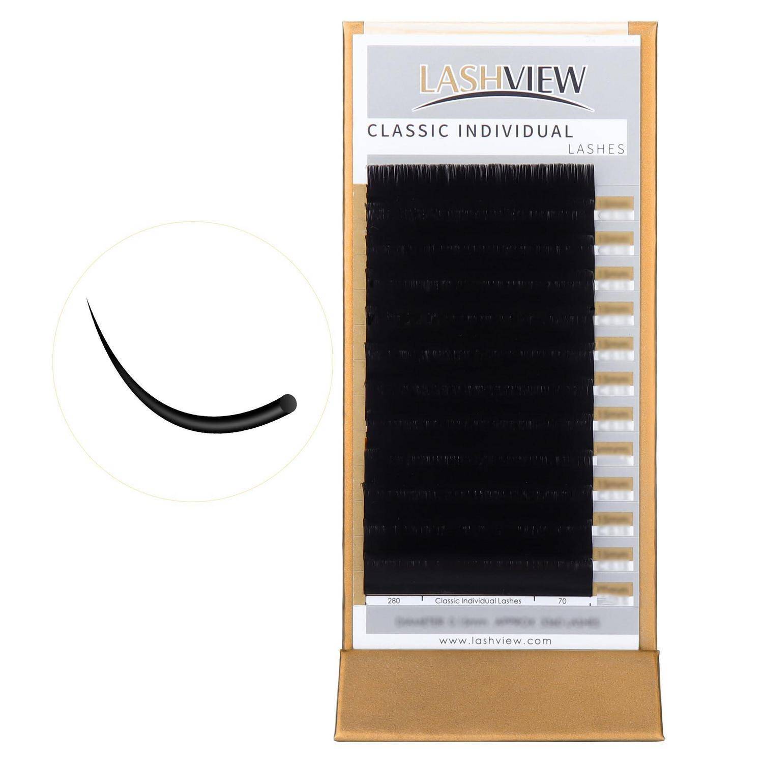 Verpackung für Lashview Classic Einzelwimpern mit einem schwarzen Wimpernverlängerungs-Tablett und einer Nahaufnahme einer gekrümmten Wimper, die in einem Kreis gezeigt wird.