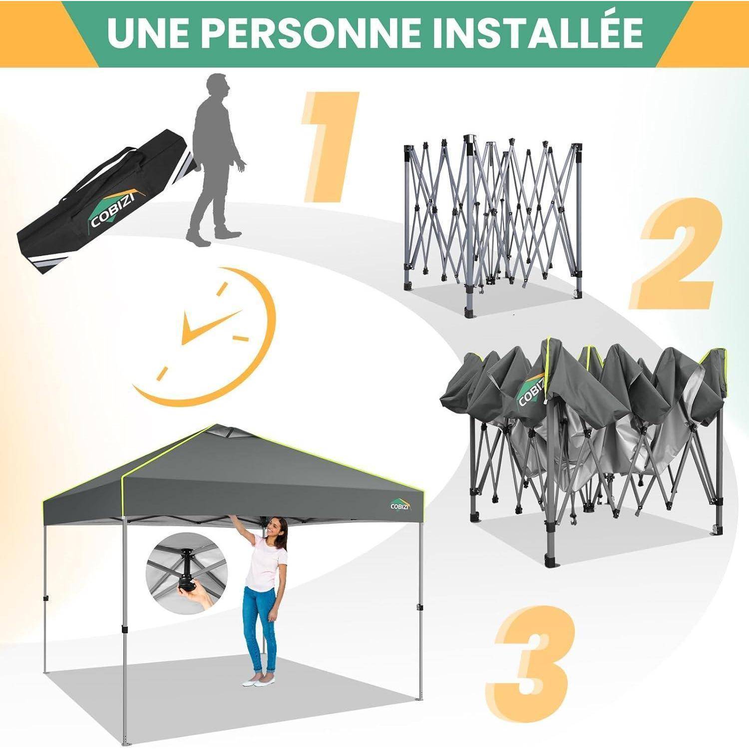 Illustrierte 3-Schritte-Anleitung zum Aufbau eines Pop-Up-Pavillon mit Banner „UNE PERSONNE INSTALLÉE", showing Tasche, Rahmen entfaltet, und aufgebautes Zelt.
