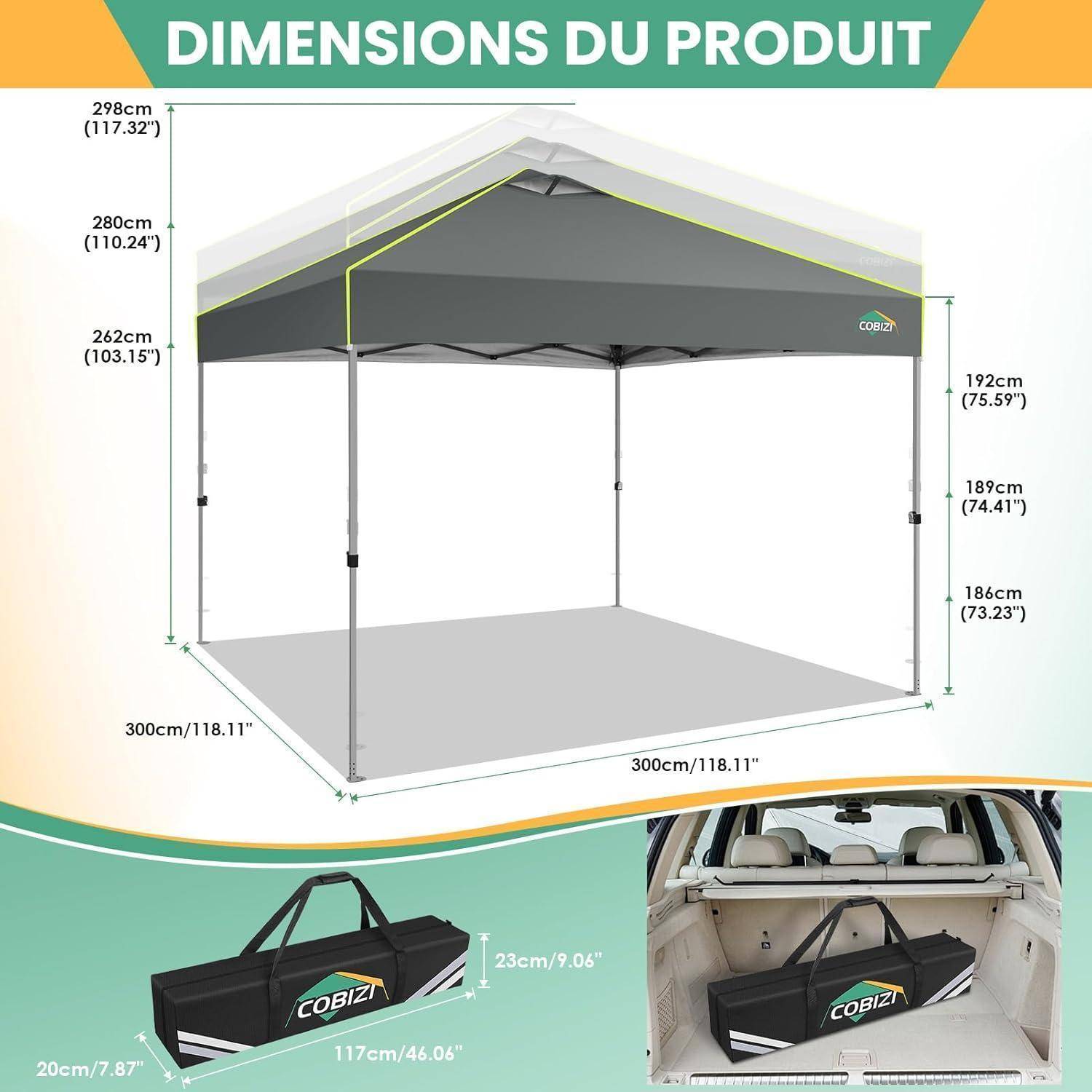 Produktabmessungen-Diagramm mit einem grauen 3 m × 3 m Popup-Markisenzelt mit Höhenmessungen bis zu 298 cm, plus einer Tragetasche von 117 cm Länge und 23 cm Höhe, die in einen Autokofferraum passt.