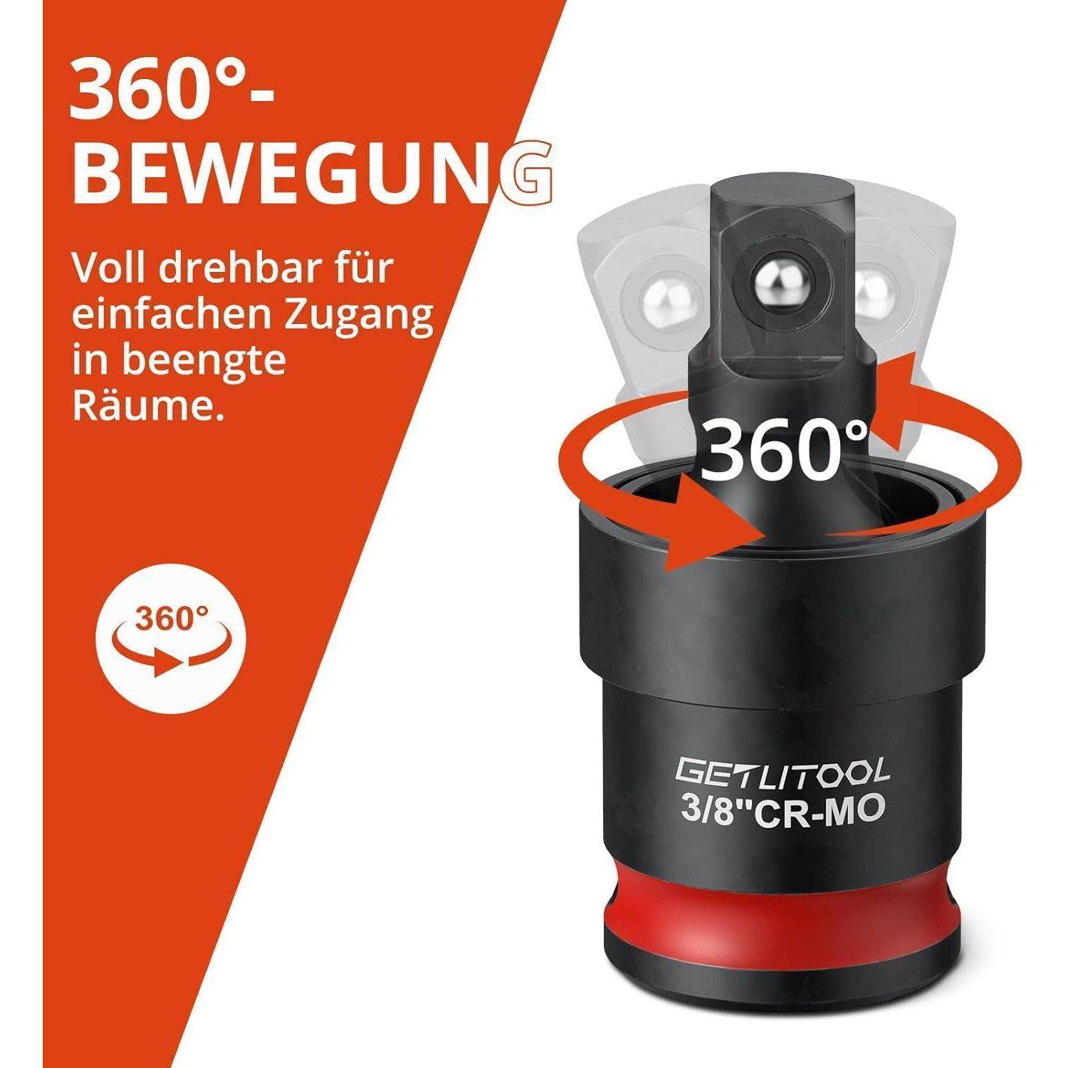 Produktbild zeigt einen 360-Grad-Rotationswerkzeugkopf für einfachen Zugang in beengte Räume, gekennzeichnet mit „360° BEWEGUNG