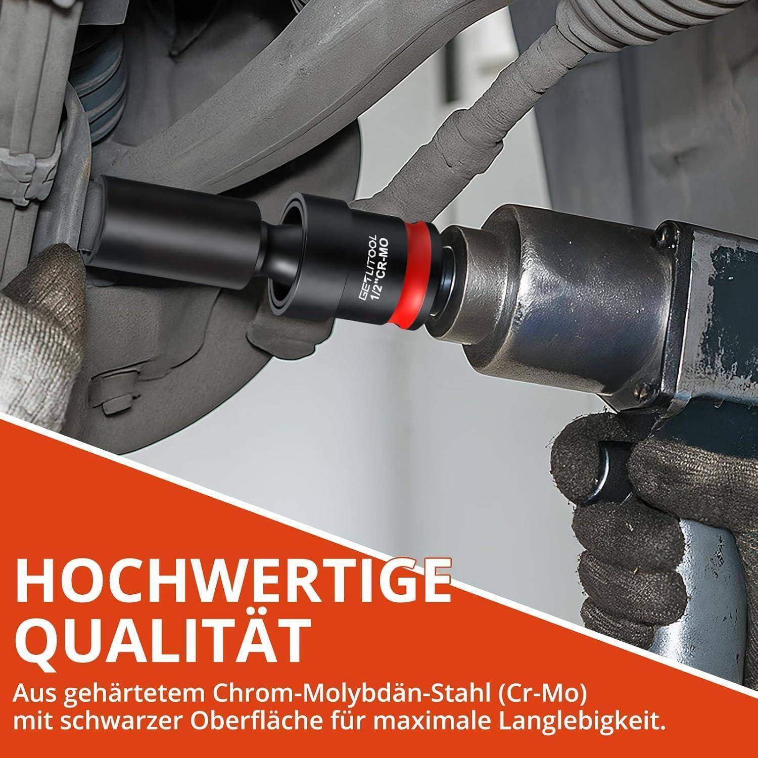 Mechaniker, der ein Steckschlüssel-Werkzeug an einem Fahzeugteil einsetzt, mit deutschem Text, der „HOCHWERTIGE QUALITÄT