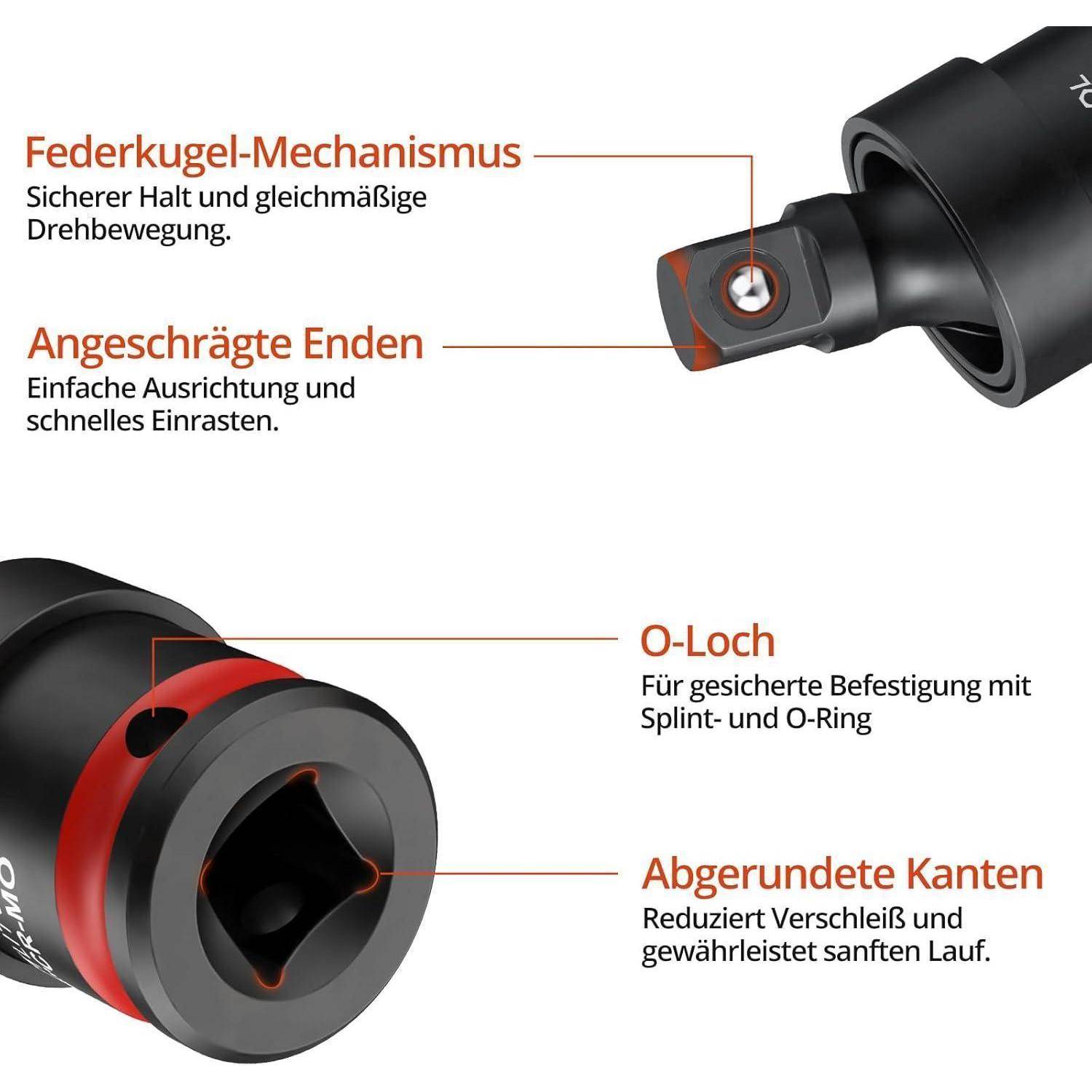 Annotiertes Produktbild eines schwarzen Metallwerkzeugbits mit roten Akzenten, das eine Kugelrastverschluss, abgeschrägte Enden, ein O-Ring-Loch und abgerundete Kanten zur sicheren, reibungslosen Verwendung hervorhebt.