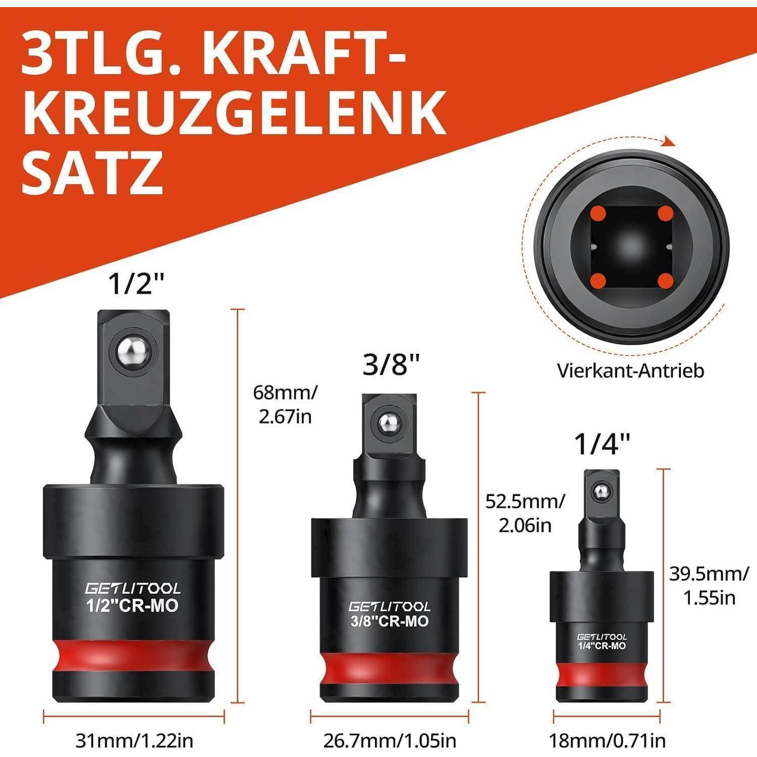 Produktgrafik zeigt ein 3-teiliges Craftsman Universalgelenk-Steckadapter-Set mit 1/2, 3/8 und 1/4 Antriebsgrößen, sowie Quadrantantrieb-Details und Abmessungen in mm/Zoll.