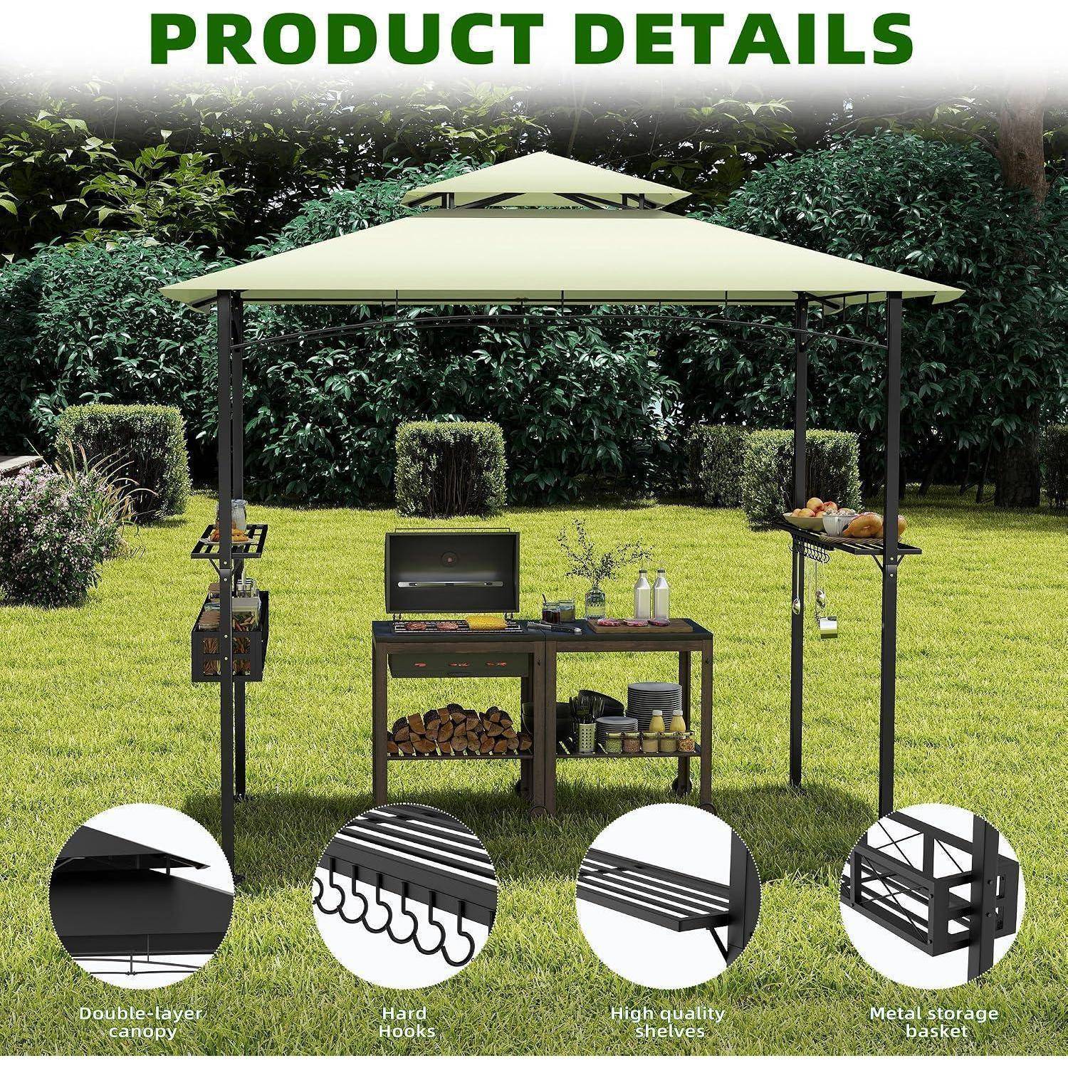 Produktdetailbild eines beigen zweilagigen Außenpavillon mit eingebautem Grill, Seitenregalen, Haken und metallischem Aufbewahrungskorb in einem Hinterhof.