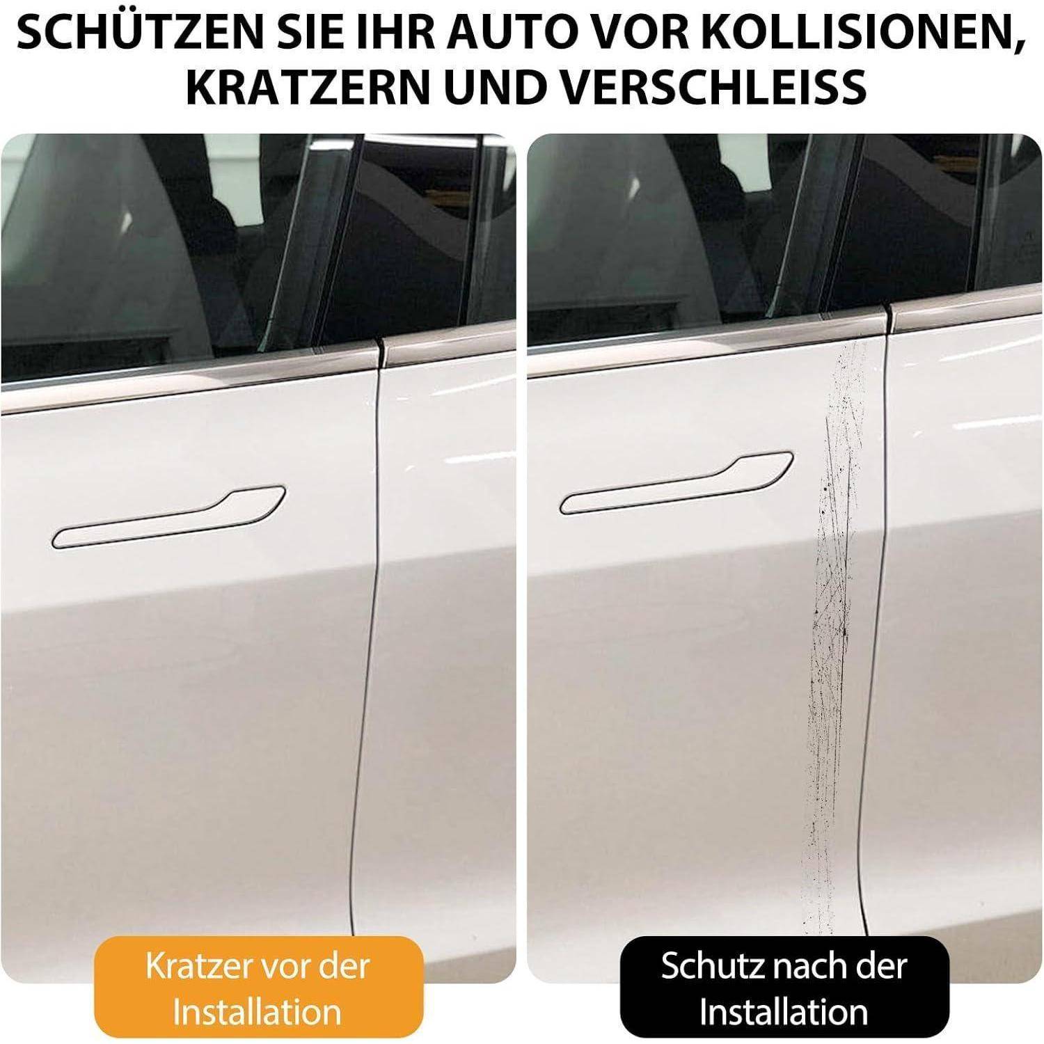 Vorher-und-nachher-Bild einer Autotür: links steht „Kratzer vor der Installation