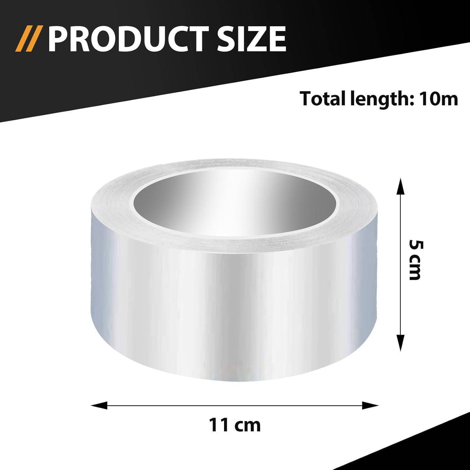 Produktgrößendiagramm einer Silberrolle: Gesamtlänge 10 m, 11 cm breit und 5 cm hoch.