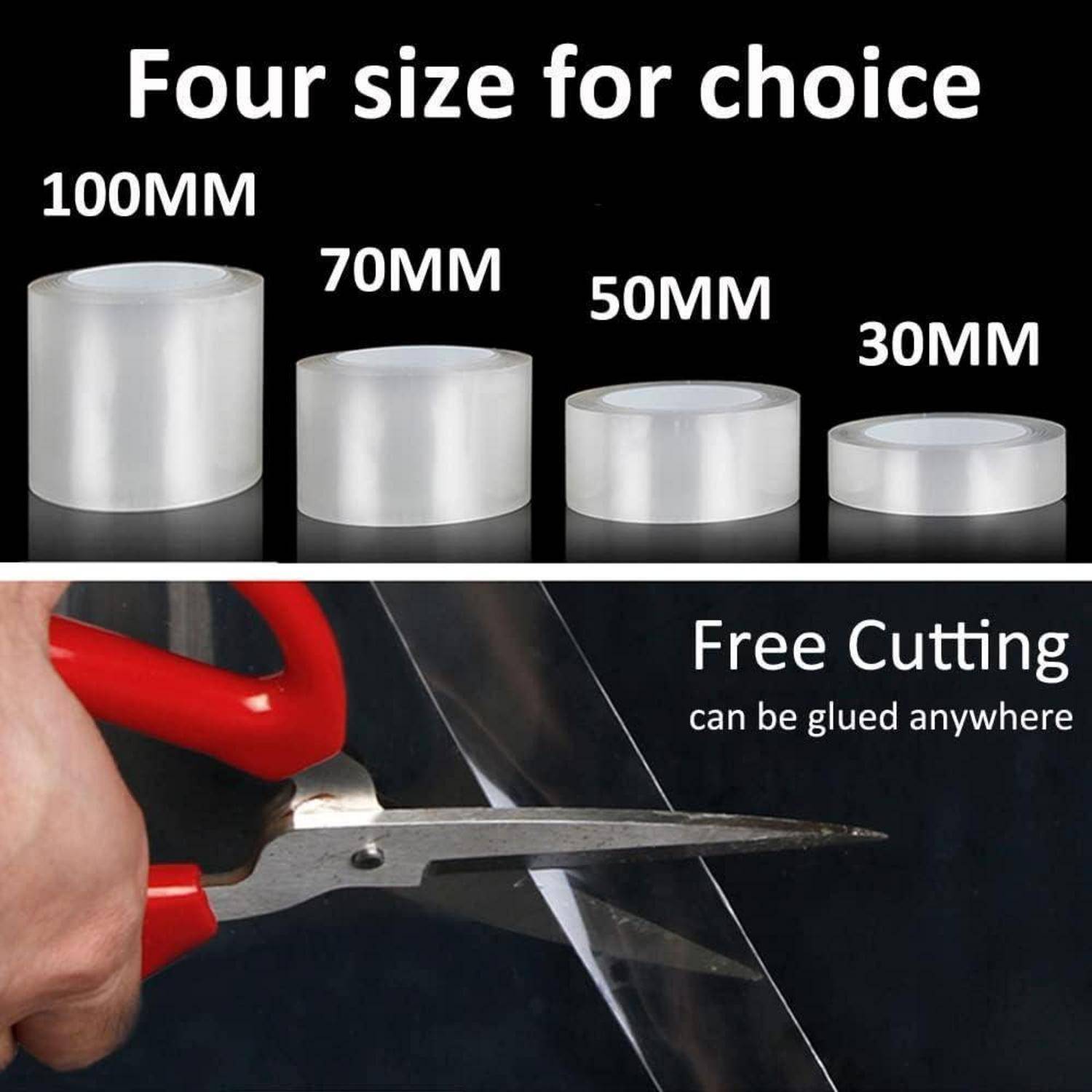 Produktanzeige mit vier silbernen Rollen in den Größen 100mm, 70mm, 50mm und 30mm, plus eine Hand, die durchsichtiges Klebeband mit den Bezeichnungen „Freies Schneiden" und „kann überall geklebt werden"" schneidet.