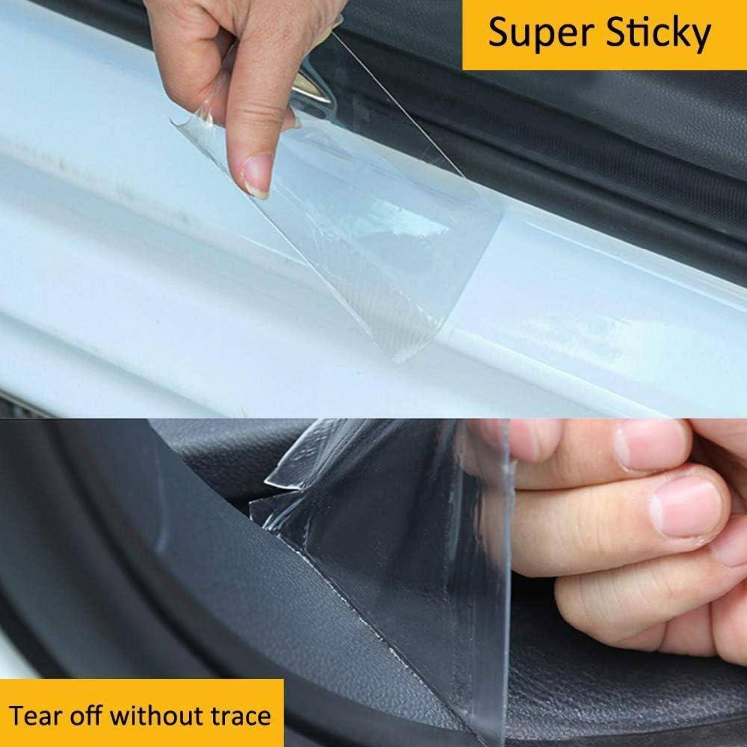 Geteiltes Bild, das eine Hand zeigt, die durchsichtige Klebstofffolie von einer Autofläche abzieht; der Text besagt „Super Sticky" und „Spurlos abziehbar"".