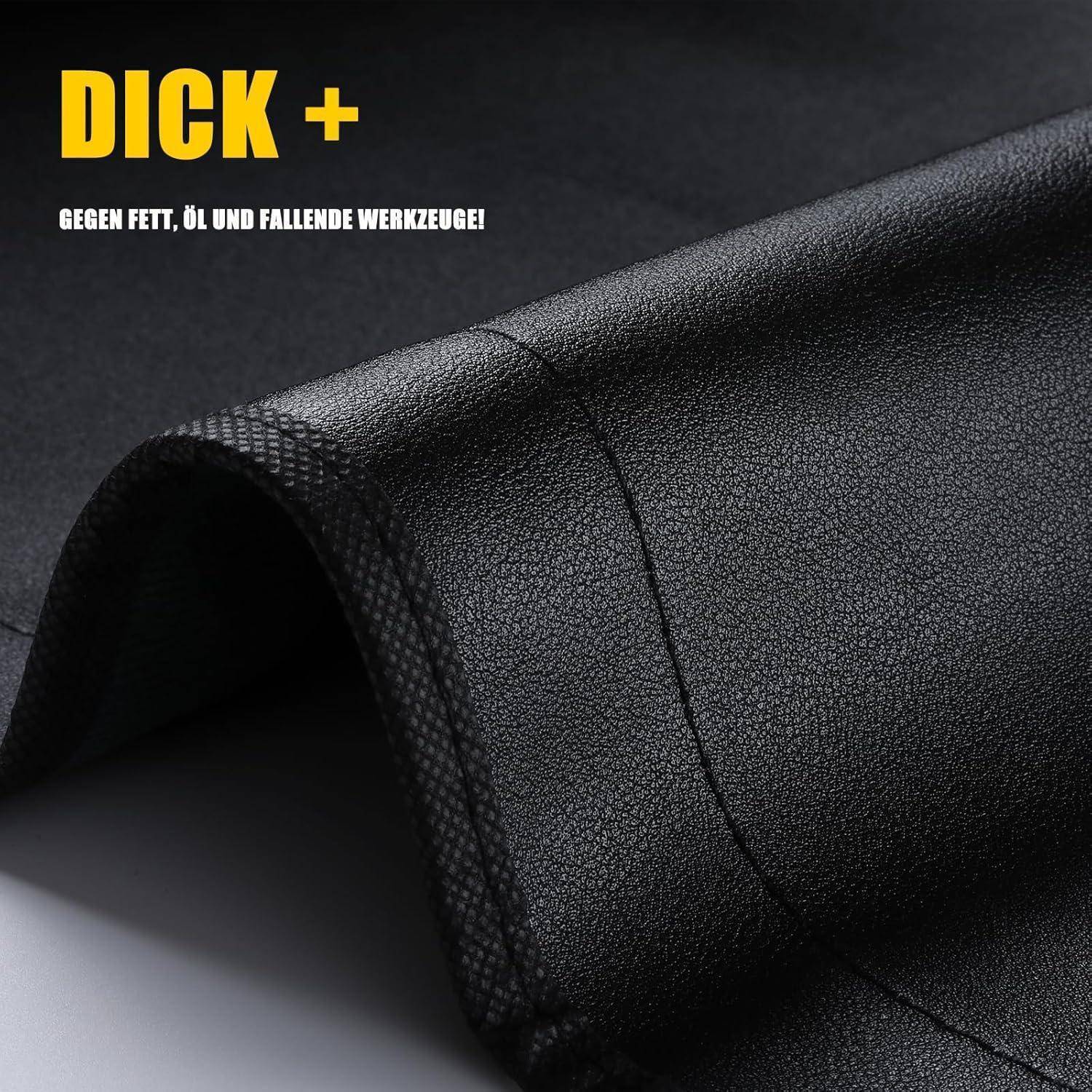 Schwarze strukturierte Schutzunterlage/Abdeckung mit gelbem Text „DICK +