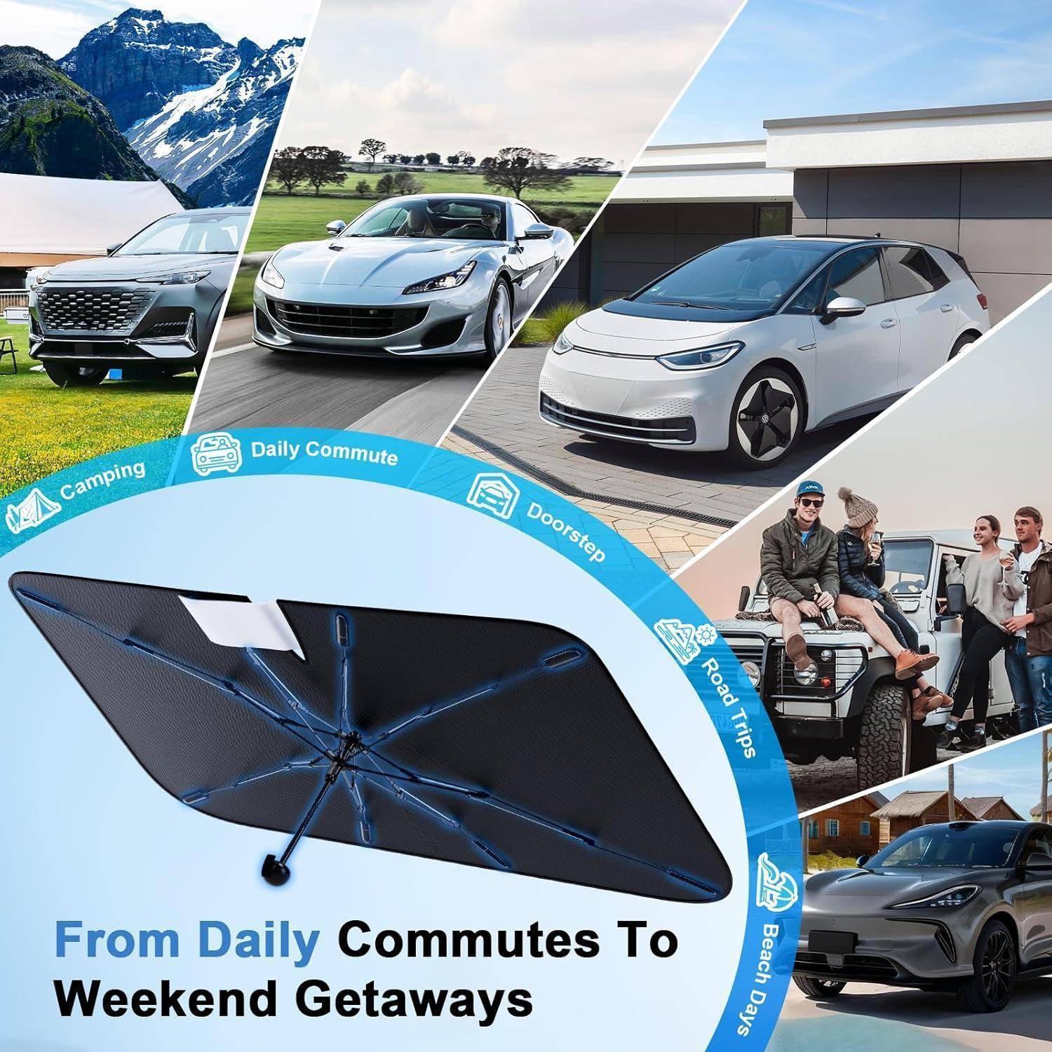Collage von Elektroautos in verschiedenen Umgebungen rund um eine zentrale Solarfeld-Grafik, mit dem Text „Von täglichen Fahrten bis zu Wochenendausflügen