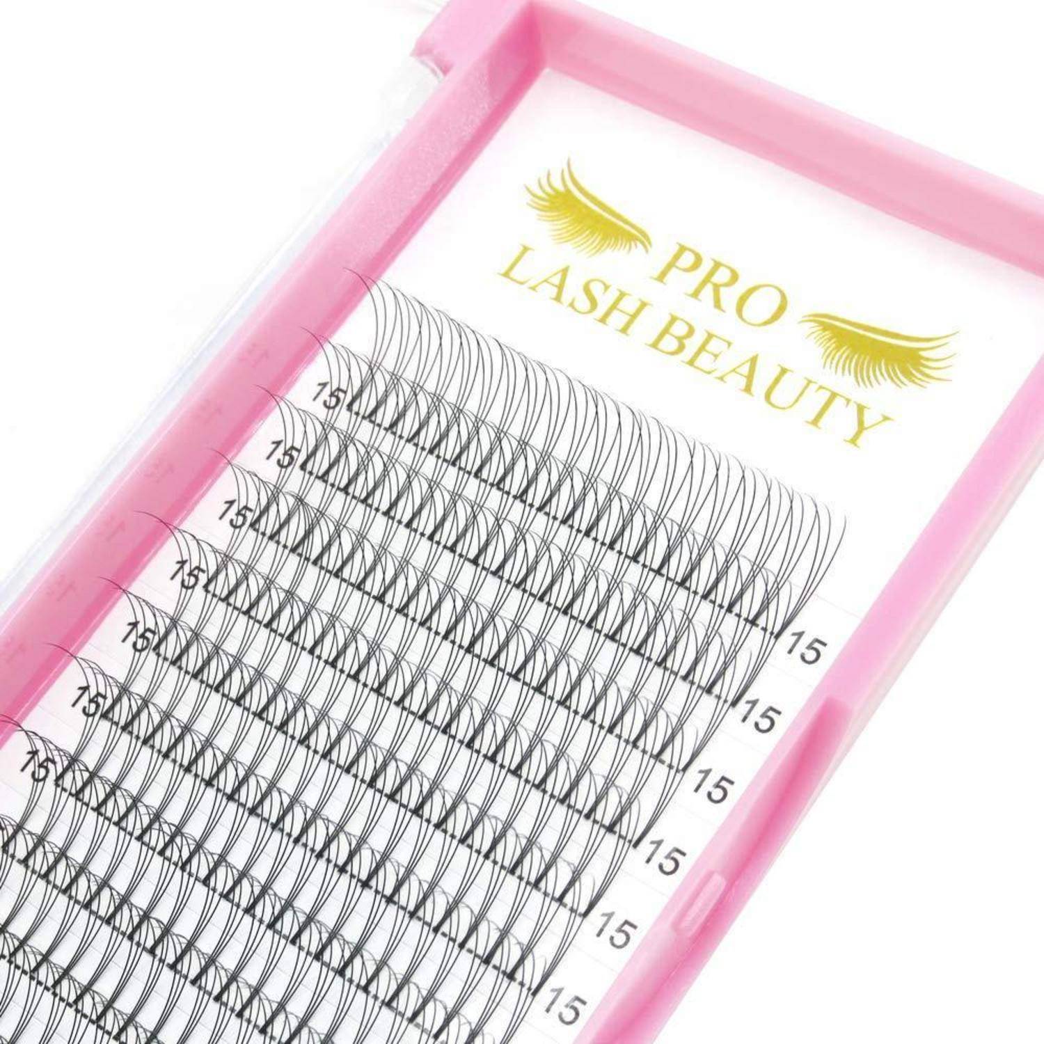 Rosa Etui mit PRO LASH BEAUTY künstlichen Wimpern, die in Reihen angeordnet sind, jede Wimpernsträhne mit der Bezeichnung 15 gekennzeichnet, auf weißem Hintergrund.