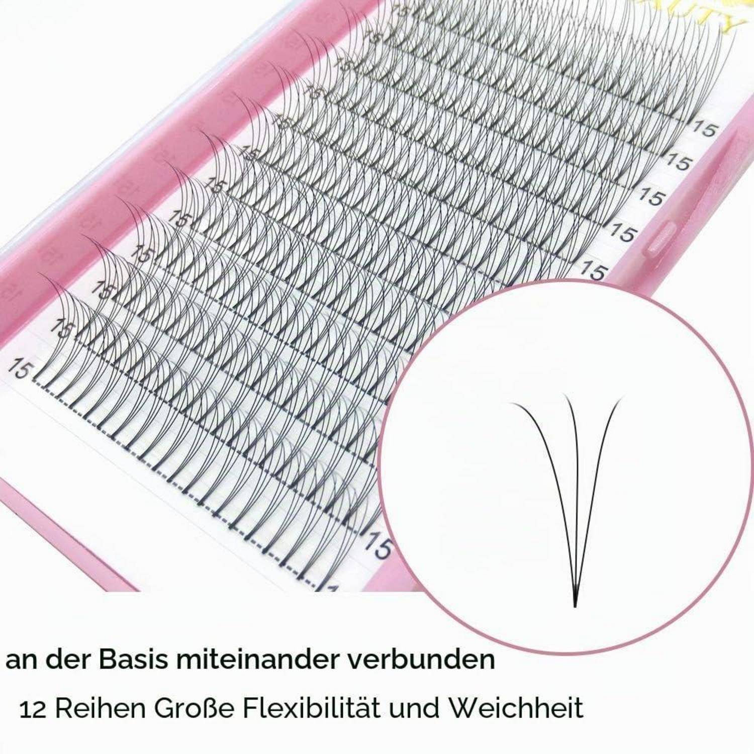 Tablett für Rosa-Wimpernverlängerungen mit Reihen von verbundenen künstlichen Wimpern und einer Nahaufnahme eines einzelnen Wimpernbüschels; deutscher Text erwähnt flexible Weichheit.
