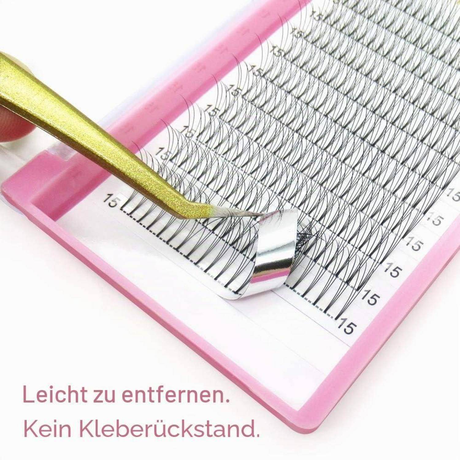 Pinzette entfernt einen Wimpernkranz aus einem rosa Tablett, mit deutschem Text, der lautet „Einfach zu entfernen. Keine Klebstoffreste.