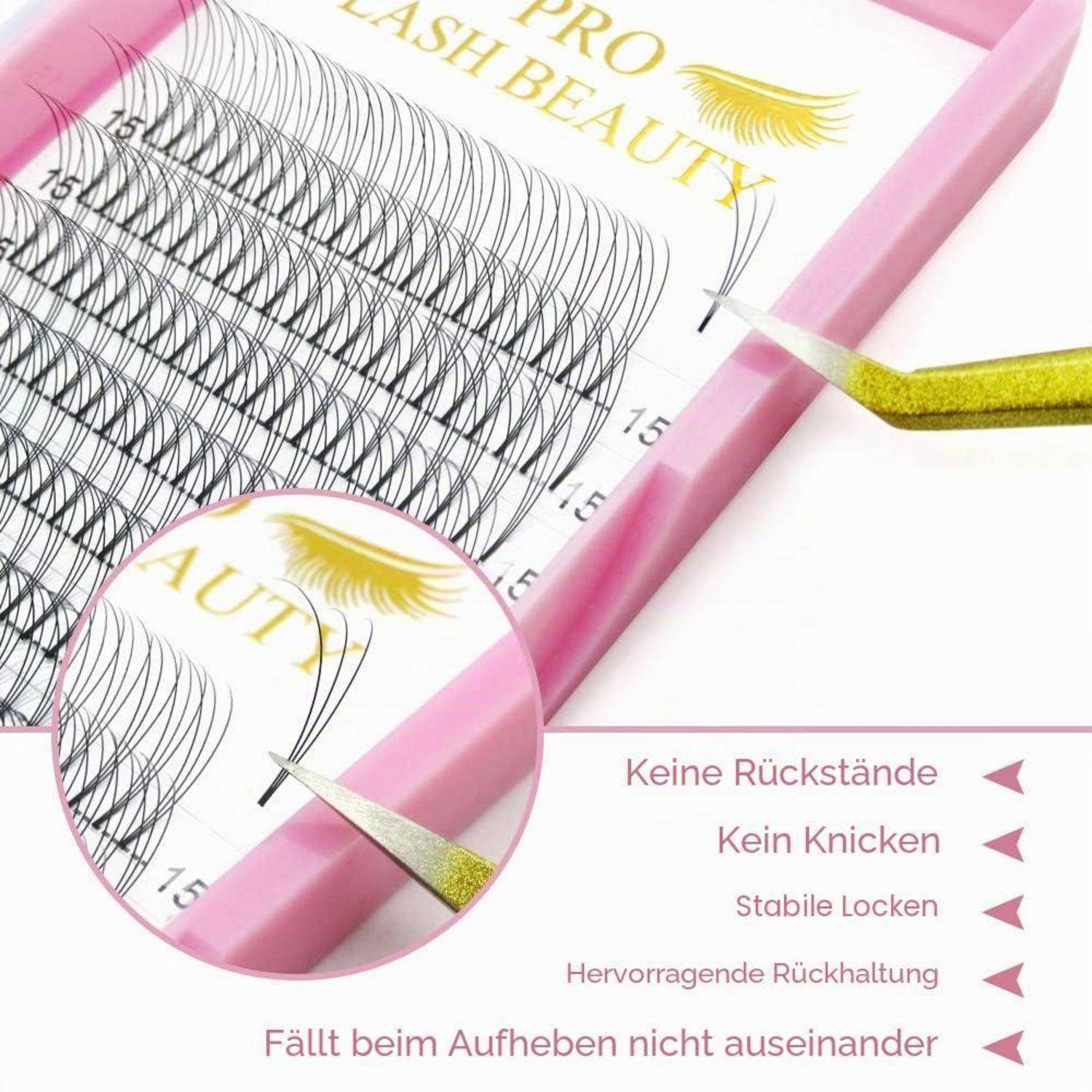 Nahaufnahme eines rosa Wimpernverlängerungstabletts mit Pinzette, die eine Wimpern anhebt; deutscher Text hebt rückstandsfrei, knitterungsfrei, stabile Locken hervor.