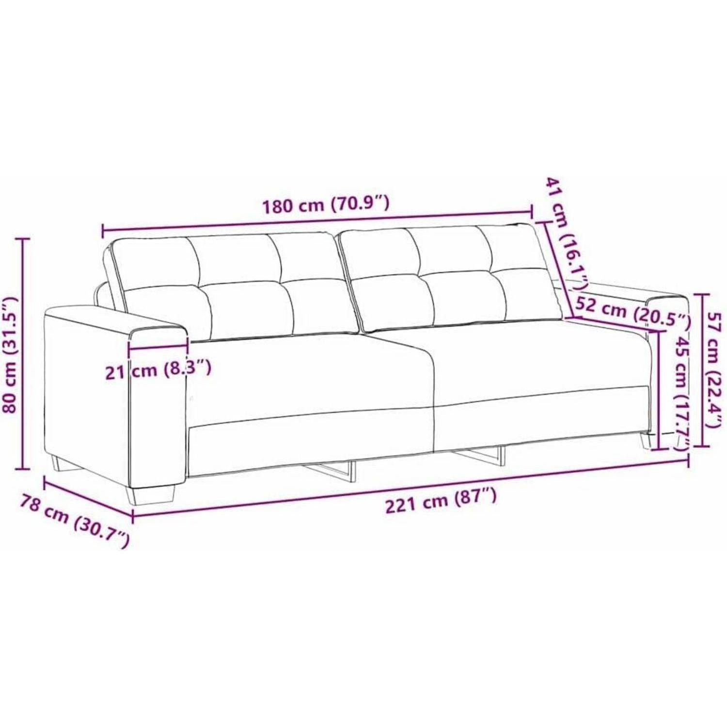 Maßstabzeichnung eines Sofas mit Gesamtgröße und wichtigen Abmessungen: 221 cm breit, 80 cm hoch, 78 cm tief, mit beschrifteten Armlehnen- und Sitzabmessungen in cm und Zoll.