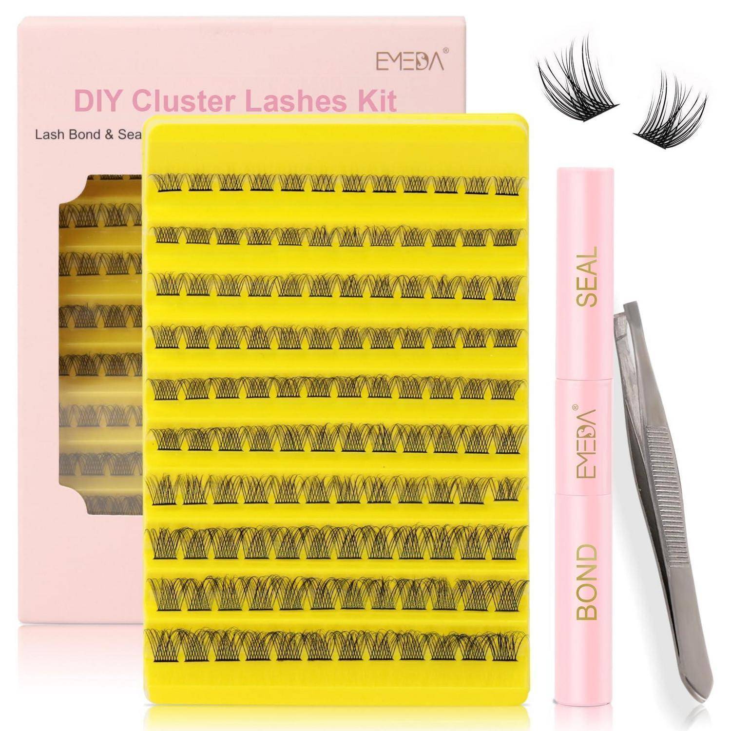 DIY-Cluster-Wimpern-Set mit Wimpernpaletten, rosa Haft- und Versiegelungstuben, Pinzetten und bebilderten Wimpernbüscheln auf der Verpackung