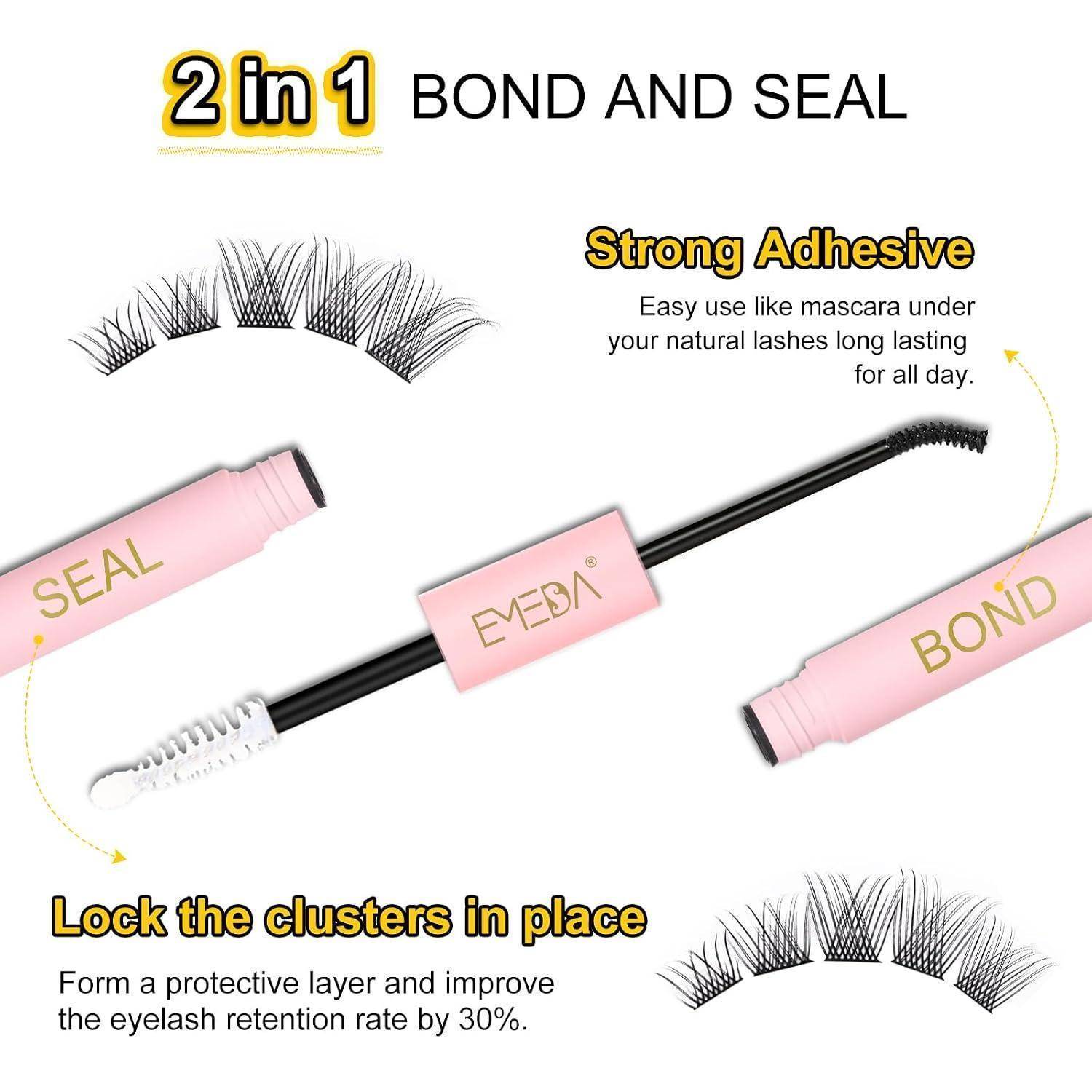 Werbegrafikfür ein 2-in-1-Wimpernkleber- und Versiegelungsprodukt mit Haft- und Versiegelungstuben und einem Mascara-Applikator mit Text über starken Kleber und Fixierung von Wimpernbüscheln an Ort und Stelle.