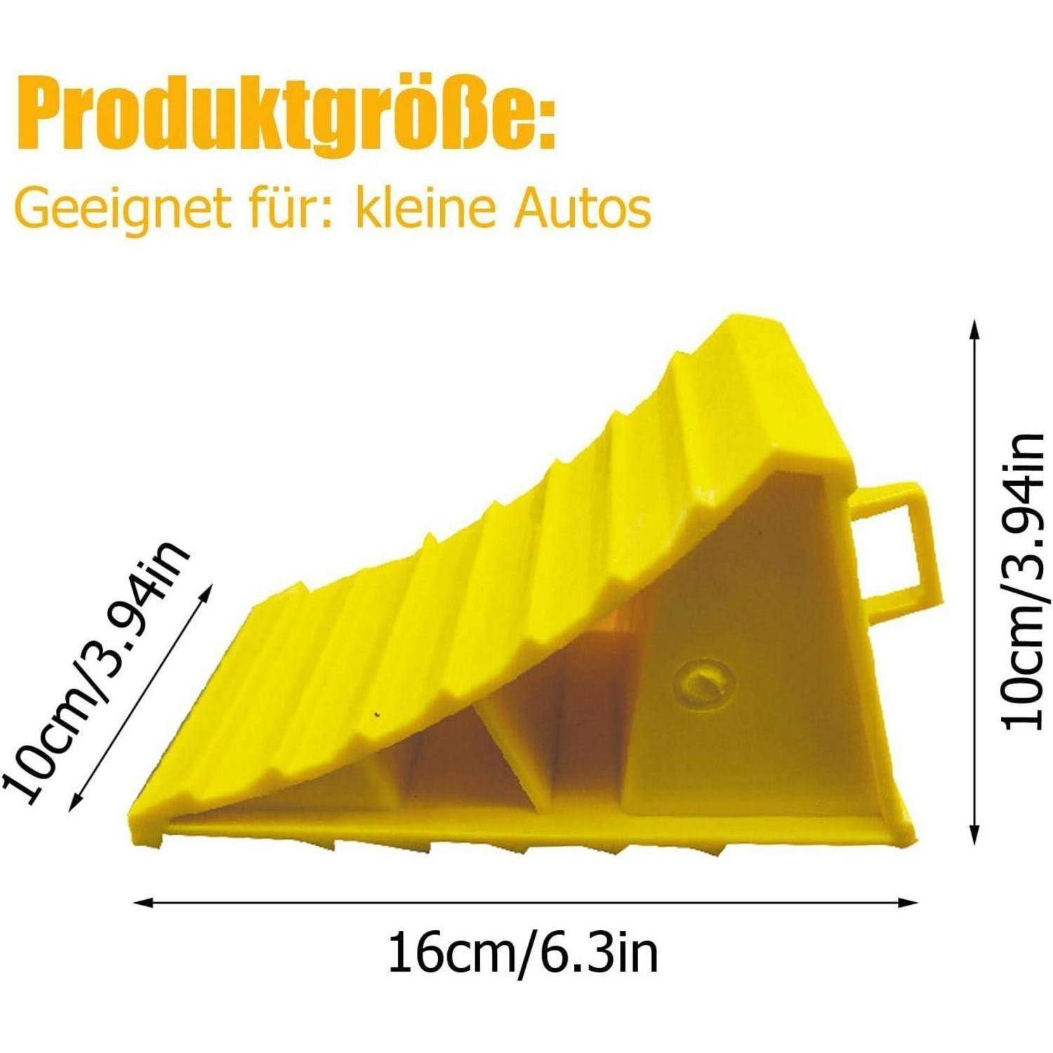 Gelbes Kunststoff-Radkeil für kleine Autos, abgebildet mit den Maßen 16 cm breit und 10 cm hoch/tief; gekennzeichnet auf Deutsch mit „Produktgröße