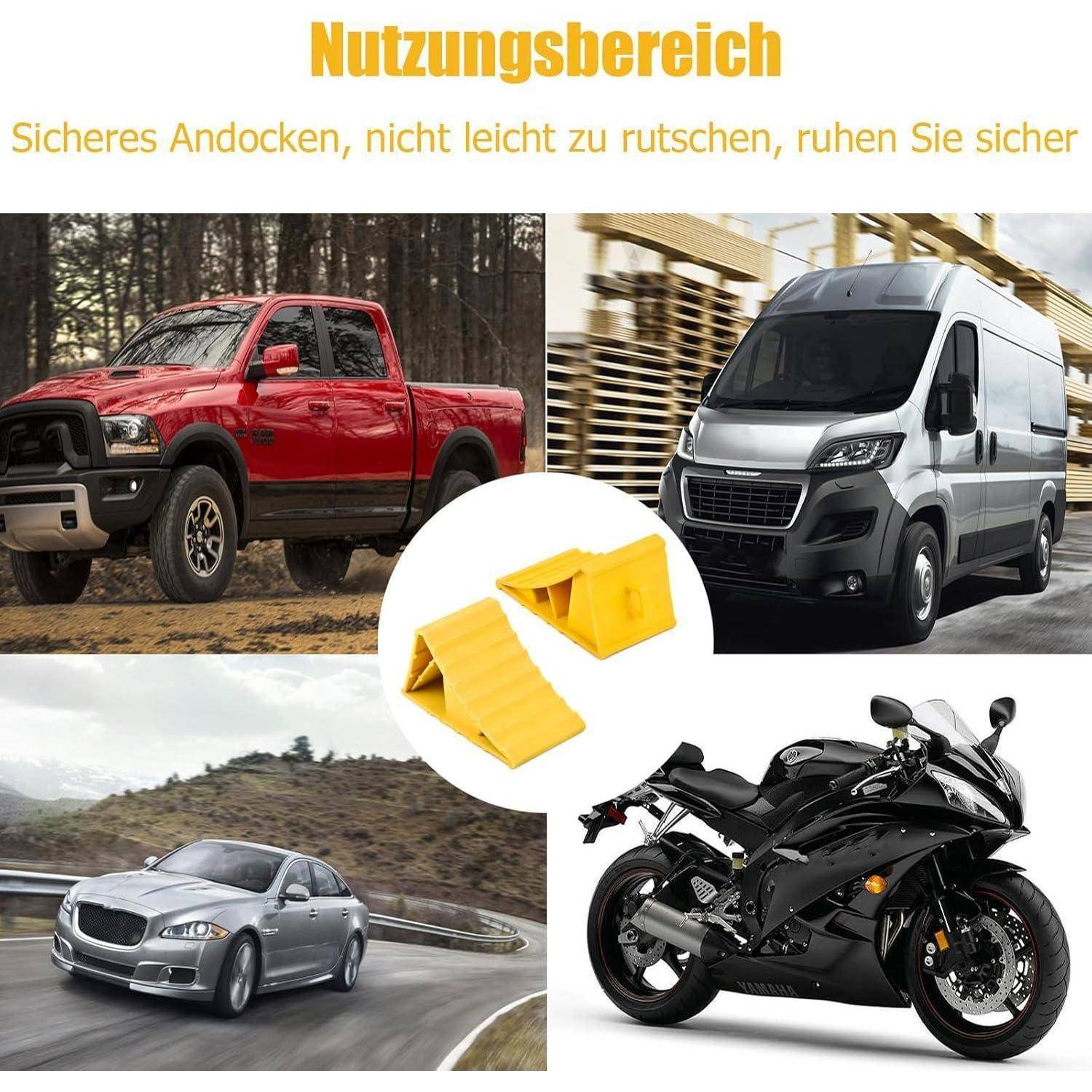 Collage zeigt gelbe Radkeile zur Sicherung eines roten Pickups, eines Transporters, einer Limousine und eines Motorrads; deutscher Text besagt sicheres Parken ohne Rutschen.