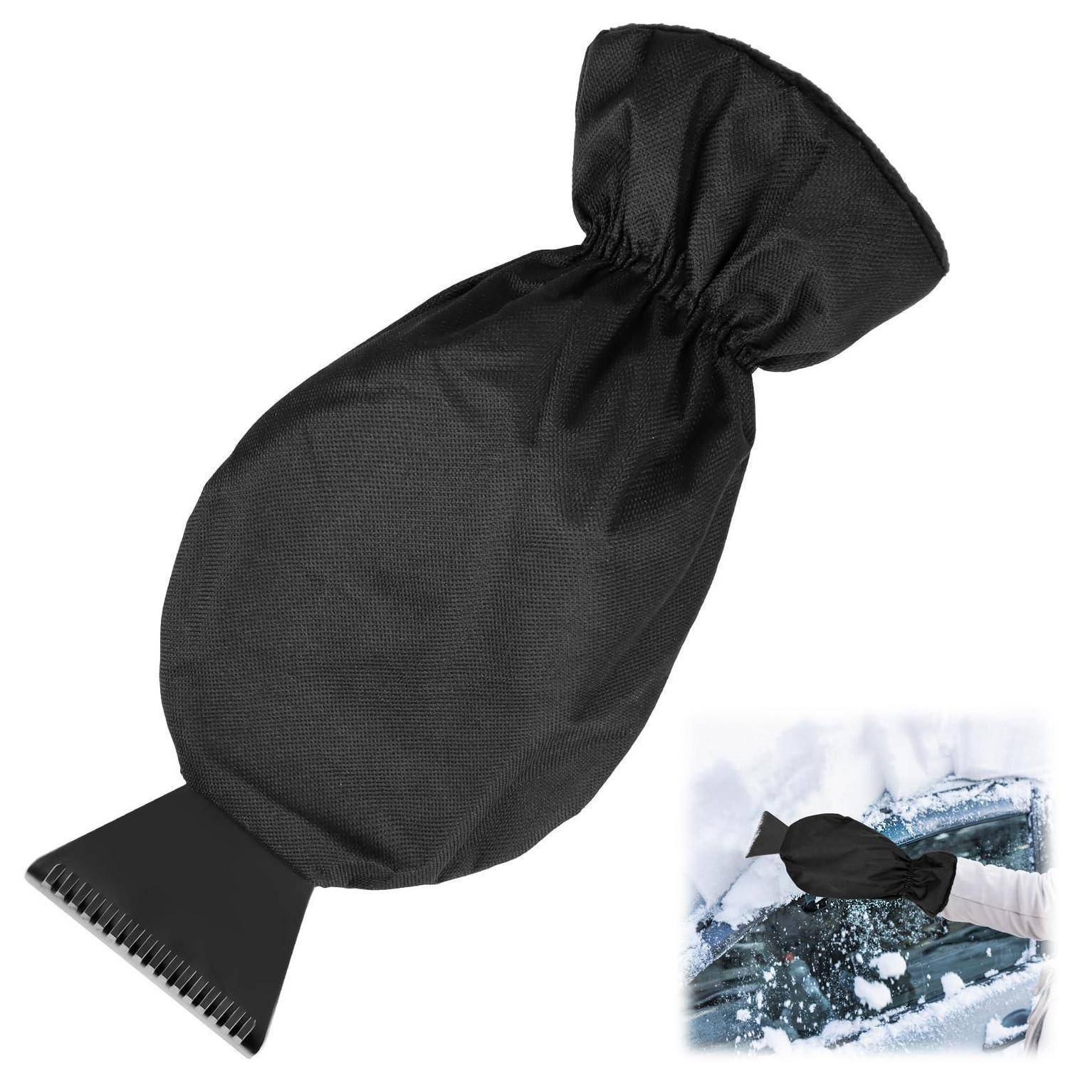 Schwarzer Winterauto-Windschutzscheiben-Eiskratzer-Handschuh mit integriertem Kunststoffkratzblatt, gezeigt auf weißem Hintergrund mit einem kleinen Ausschnitt, der Schnee von einem Autofenster entfernt.