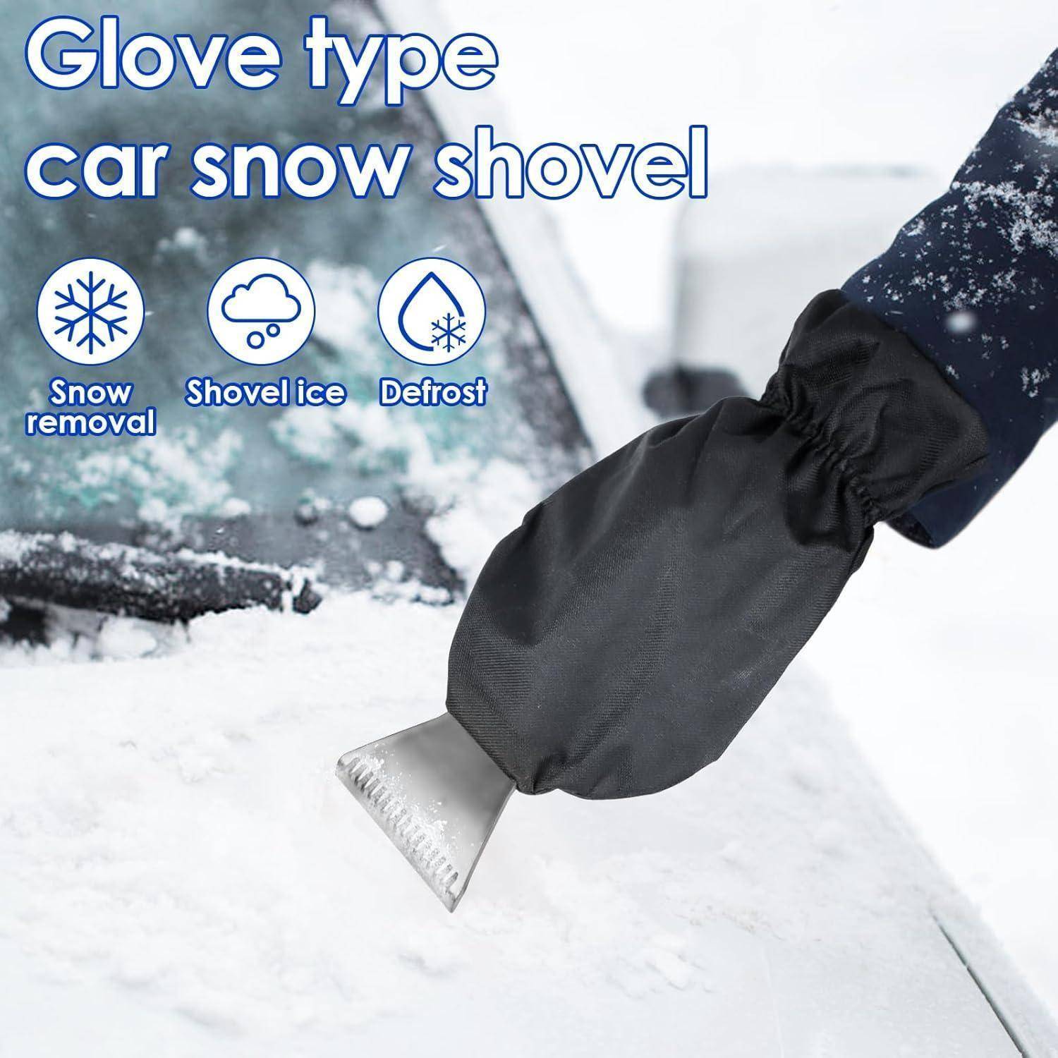 Behandschuhte Hand, die eine Auto-Schneeschaufel verwendet, um Schnee von einer Windschutzscheibe zu entfernen; Text besagt „Handschuh-Typ-Auto-Schneeschaufel