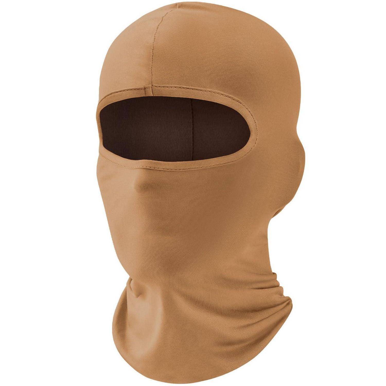 Beige Sturmhaube mit vollständiger Gesichtsbedeckung und einer einzelnen Öffnung für die Augen, gezeigt vor einem einfachen weißen Hintergrund.